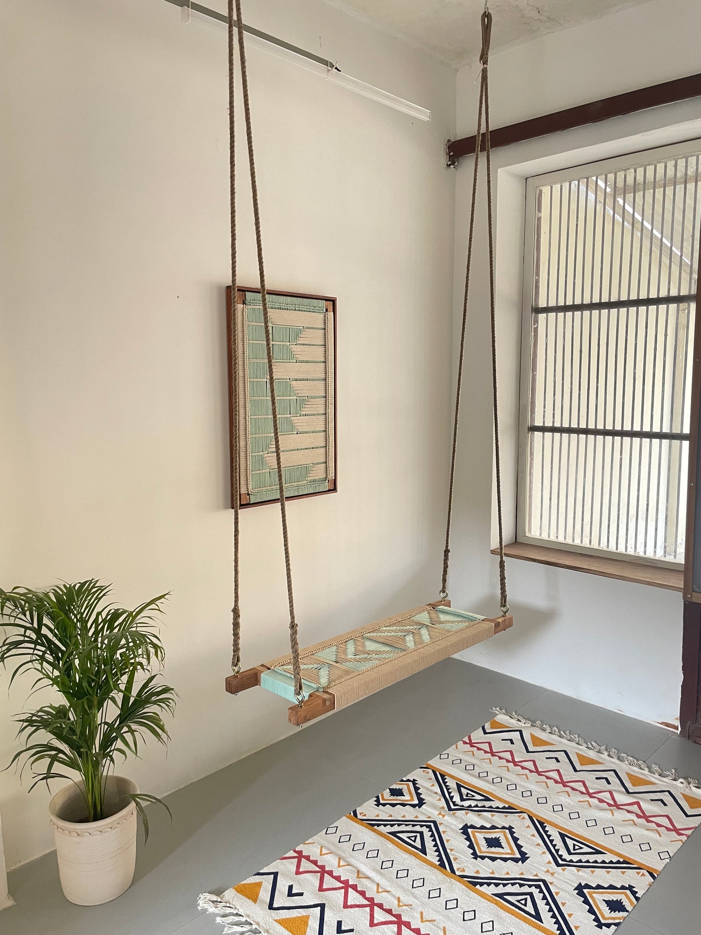 Hand Woven Adults and Kids Swing - Beige Green