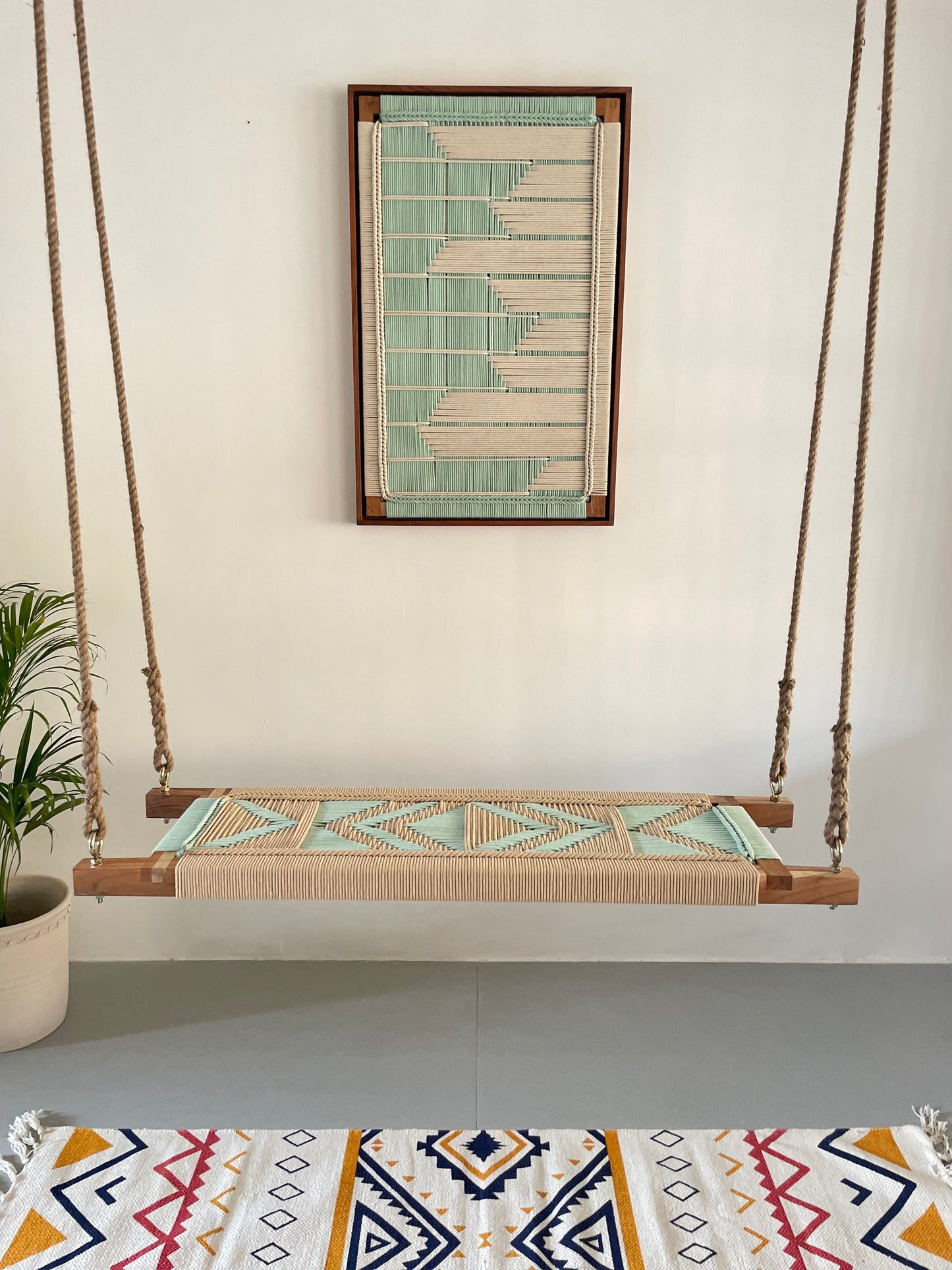 Hand Woven Adults and Kids Swing - Beige Green