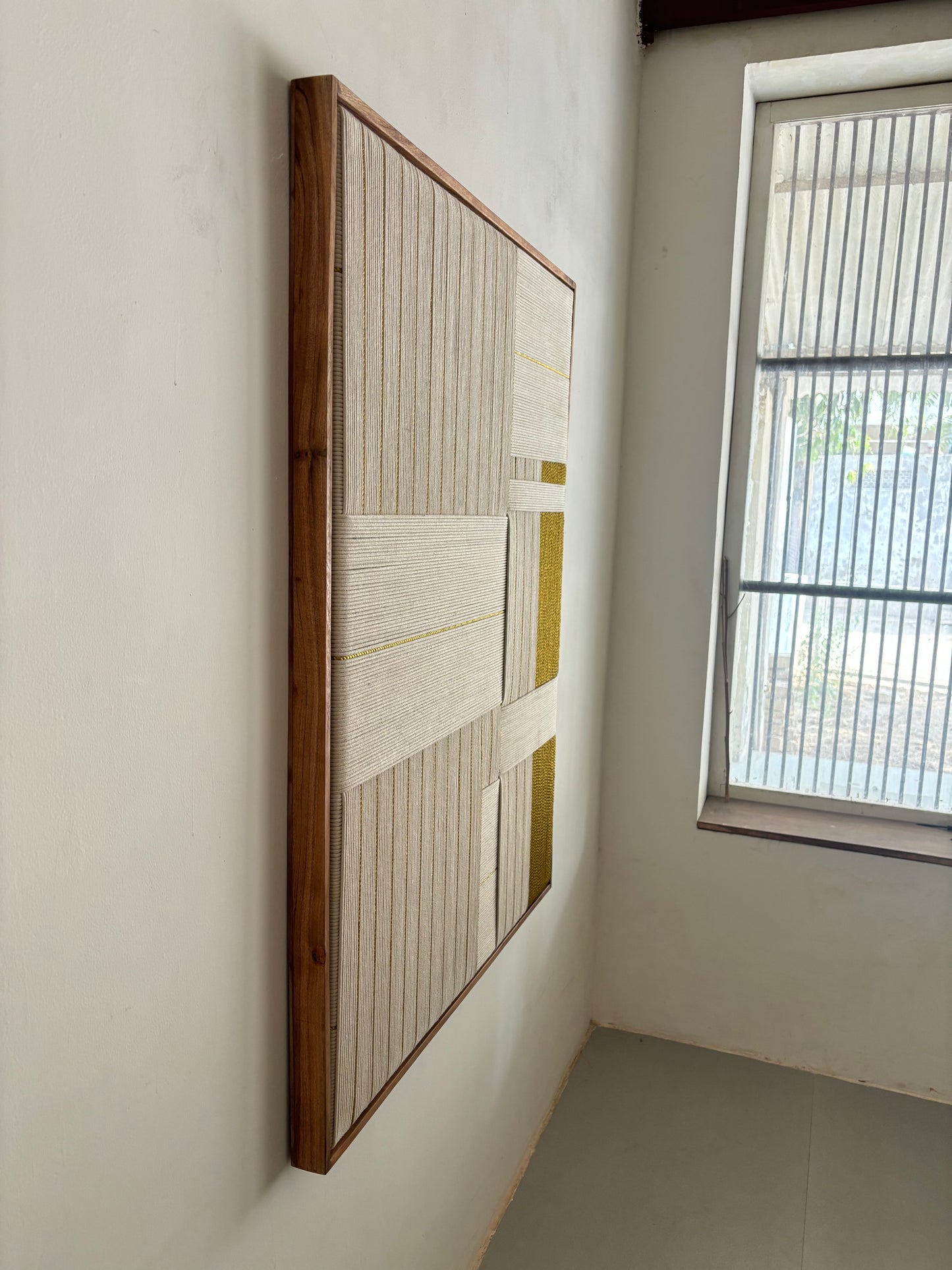 Woven wall art natural white and golden - 4 x 3 ft