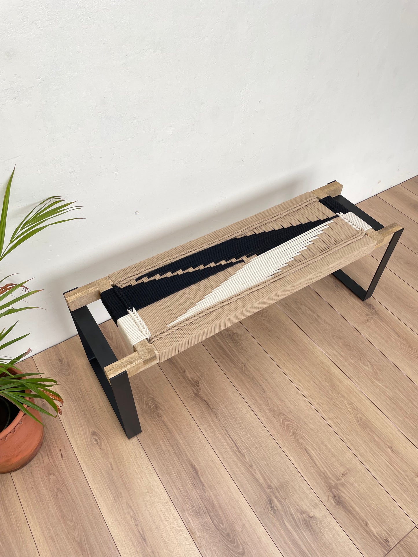 Woven Bench two seater in metal legs - Beige White Black