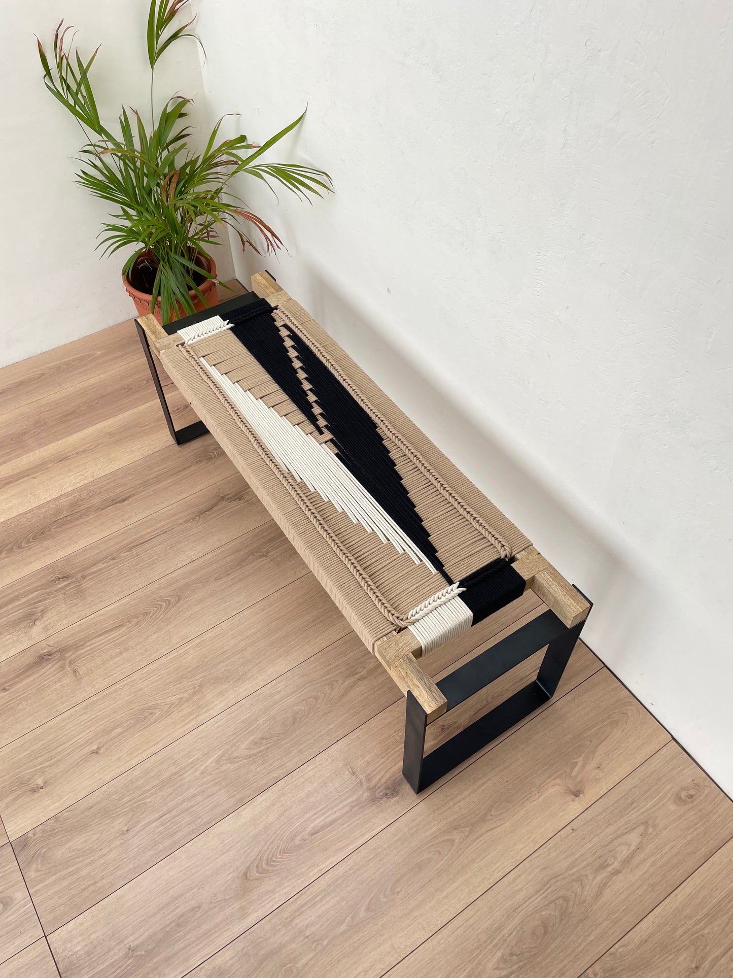 Woven Bench two seater in metal legs - Beige White Black