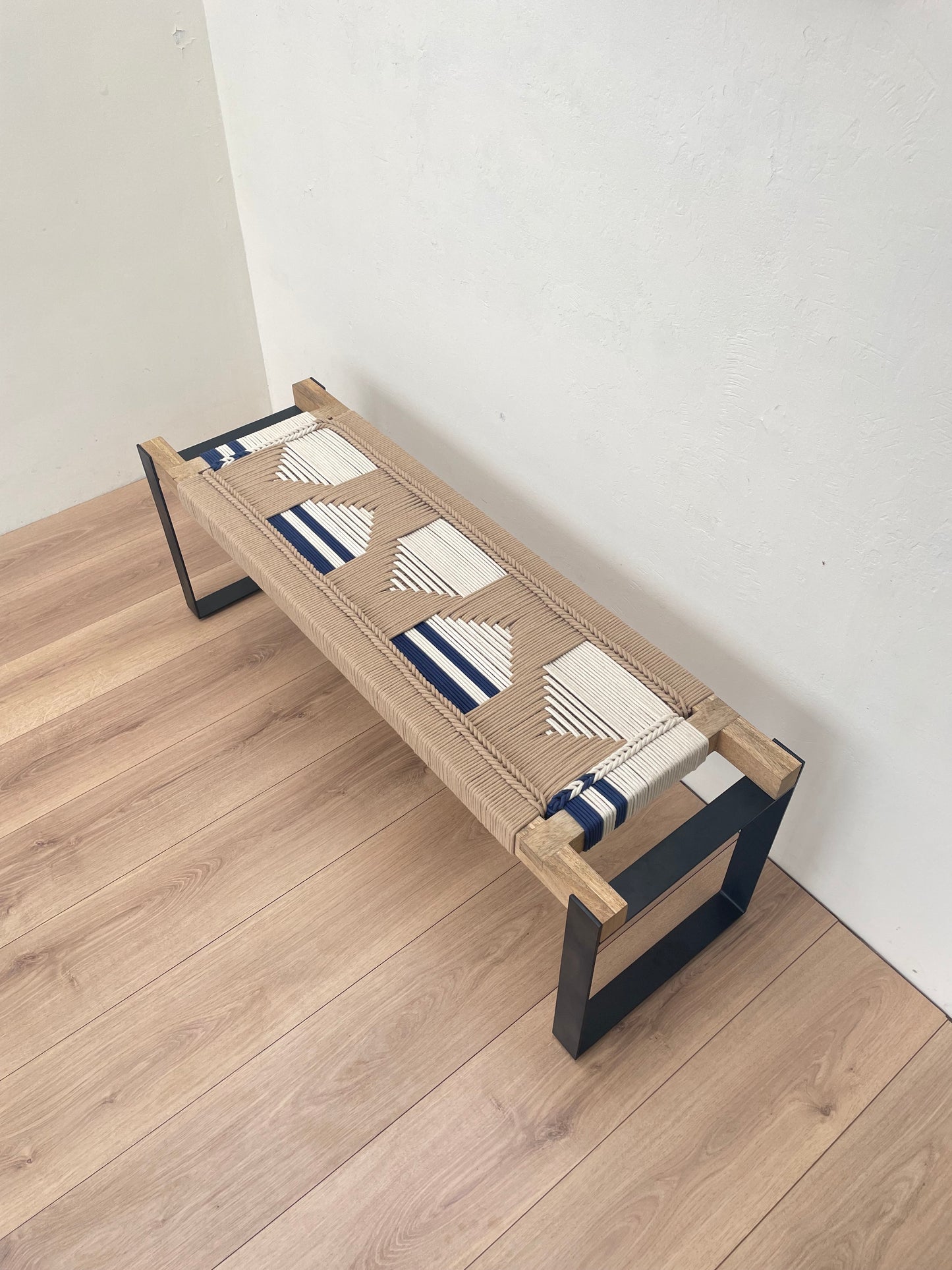 Woven Bench two seater in metal legs - Beige White Blue