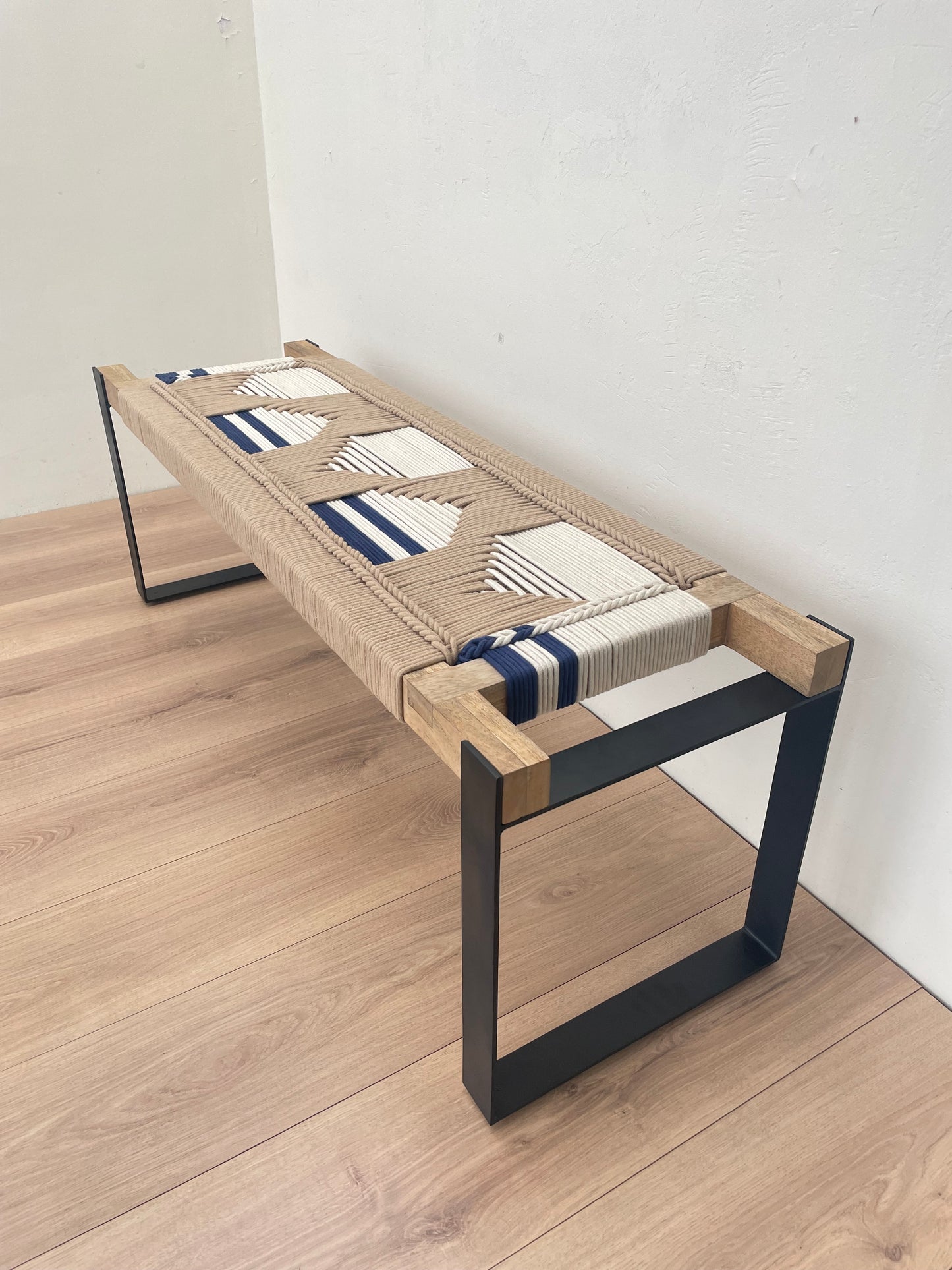 Woven Bench two seater in metal legs - Beige White Blue