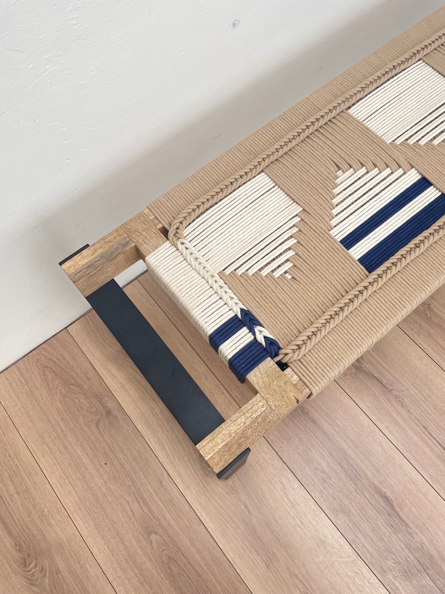 Woven Bench two seater in metal legs - Beige White Blue