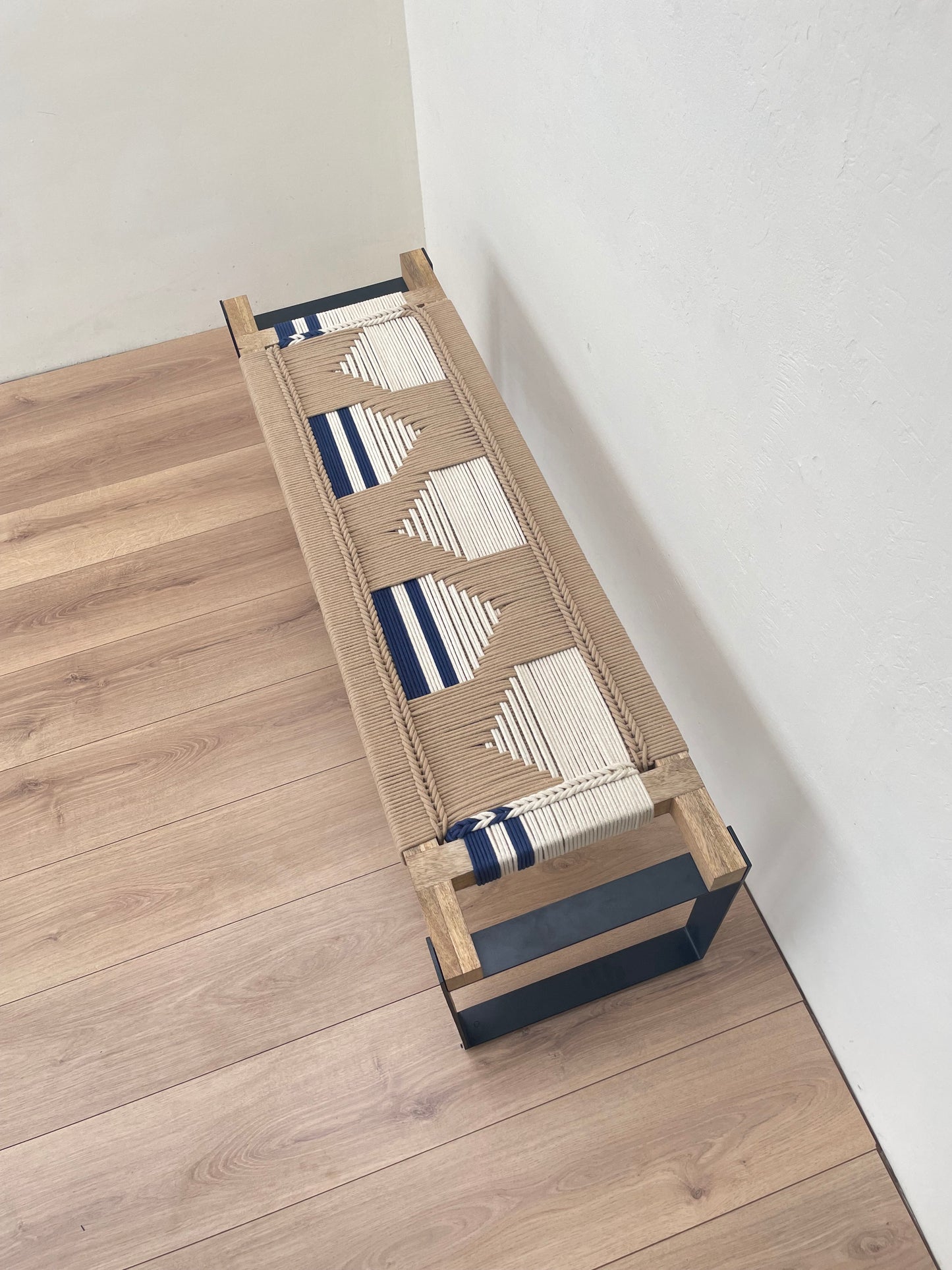 Woven Bench two seater in metal legs - Beige White Blue