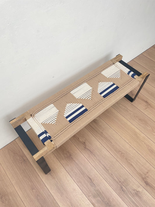 Woven Bench two seater in metal legs - Beige White Blue