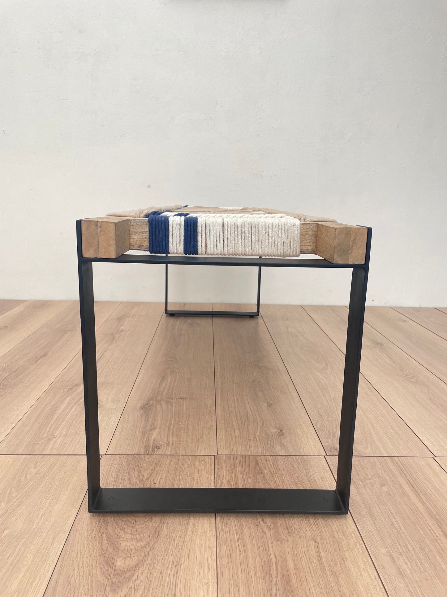 Woven Bench two seater in metal legs - Beige White Blue