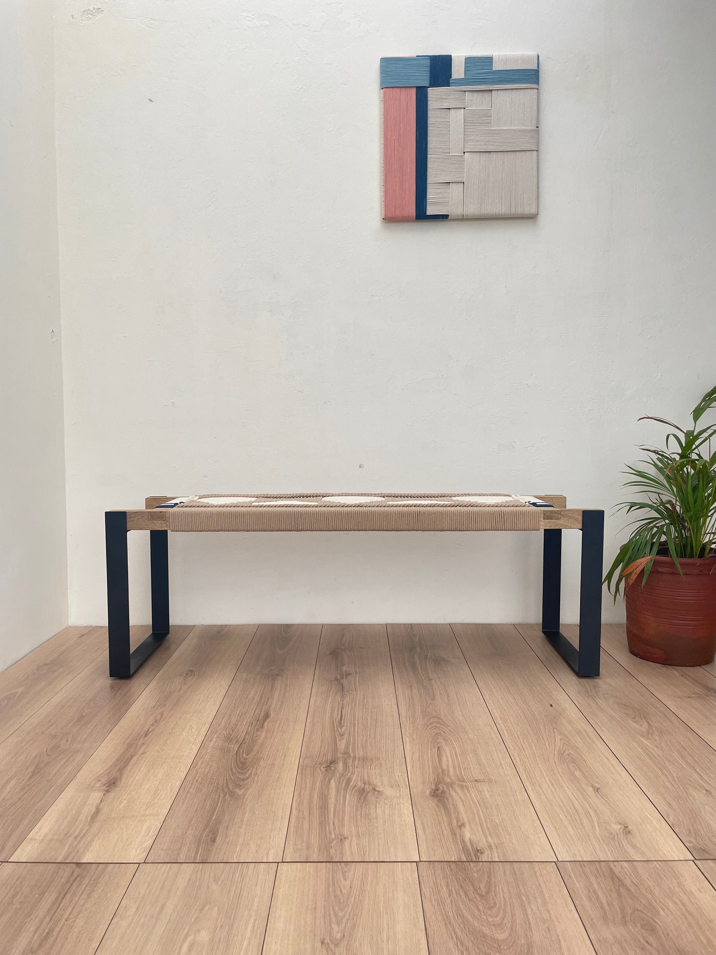 Woven Bench two seater in metal legs - Beige White Blue