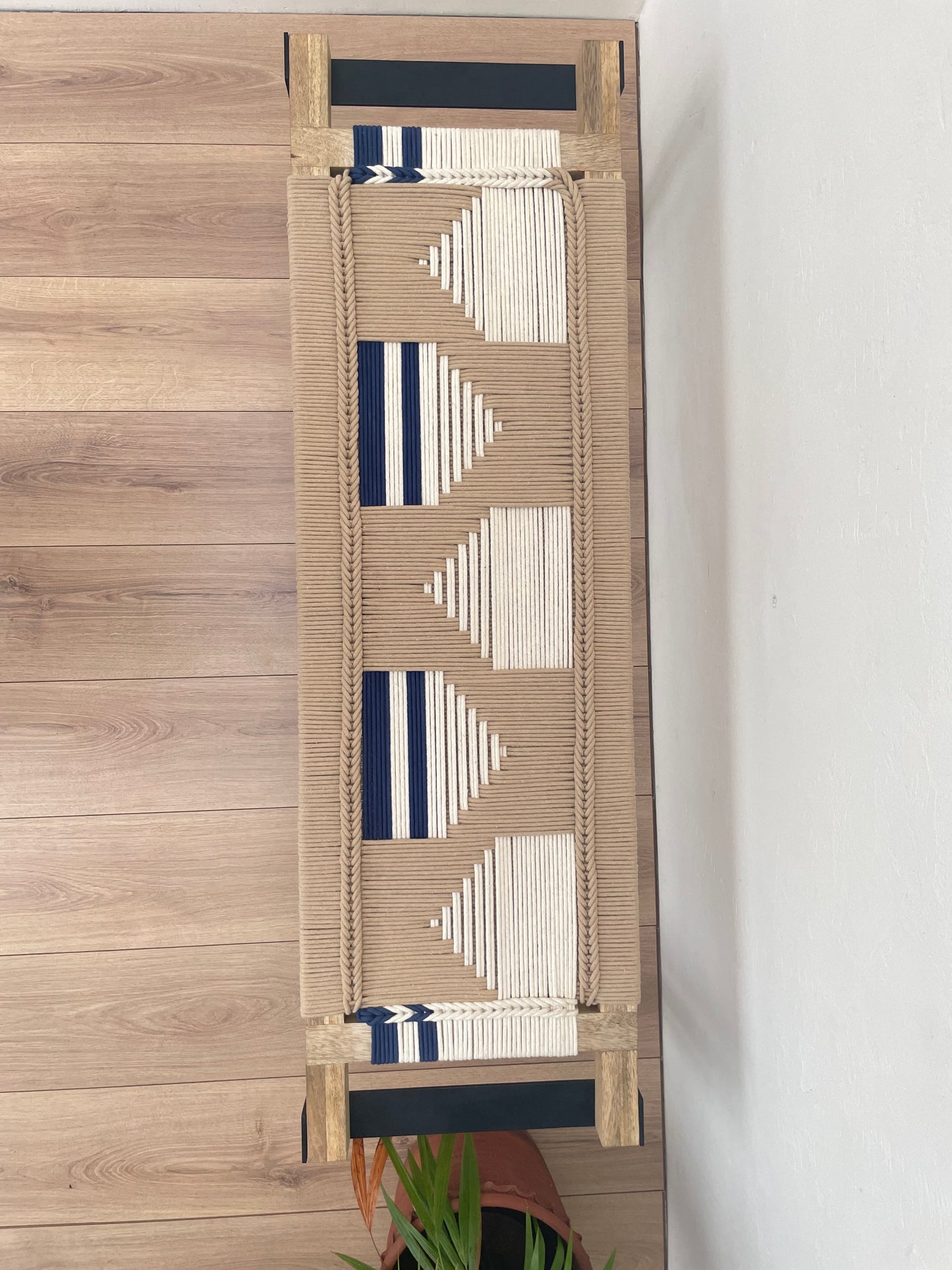 Woven Bench two seater in metal legs - Beige White Blue