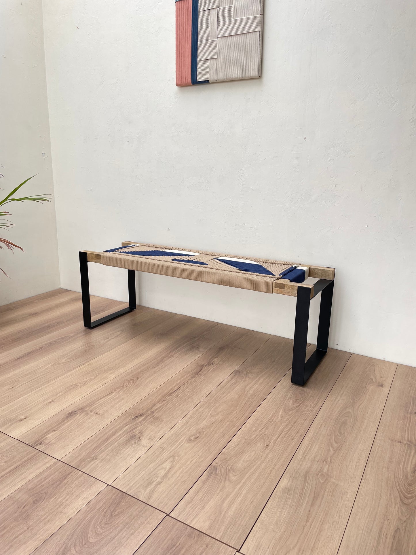 Woven Bench two seater in metal legs - Blue Beige White