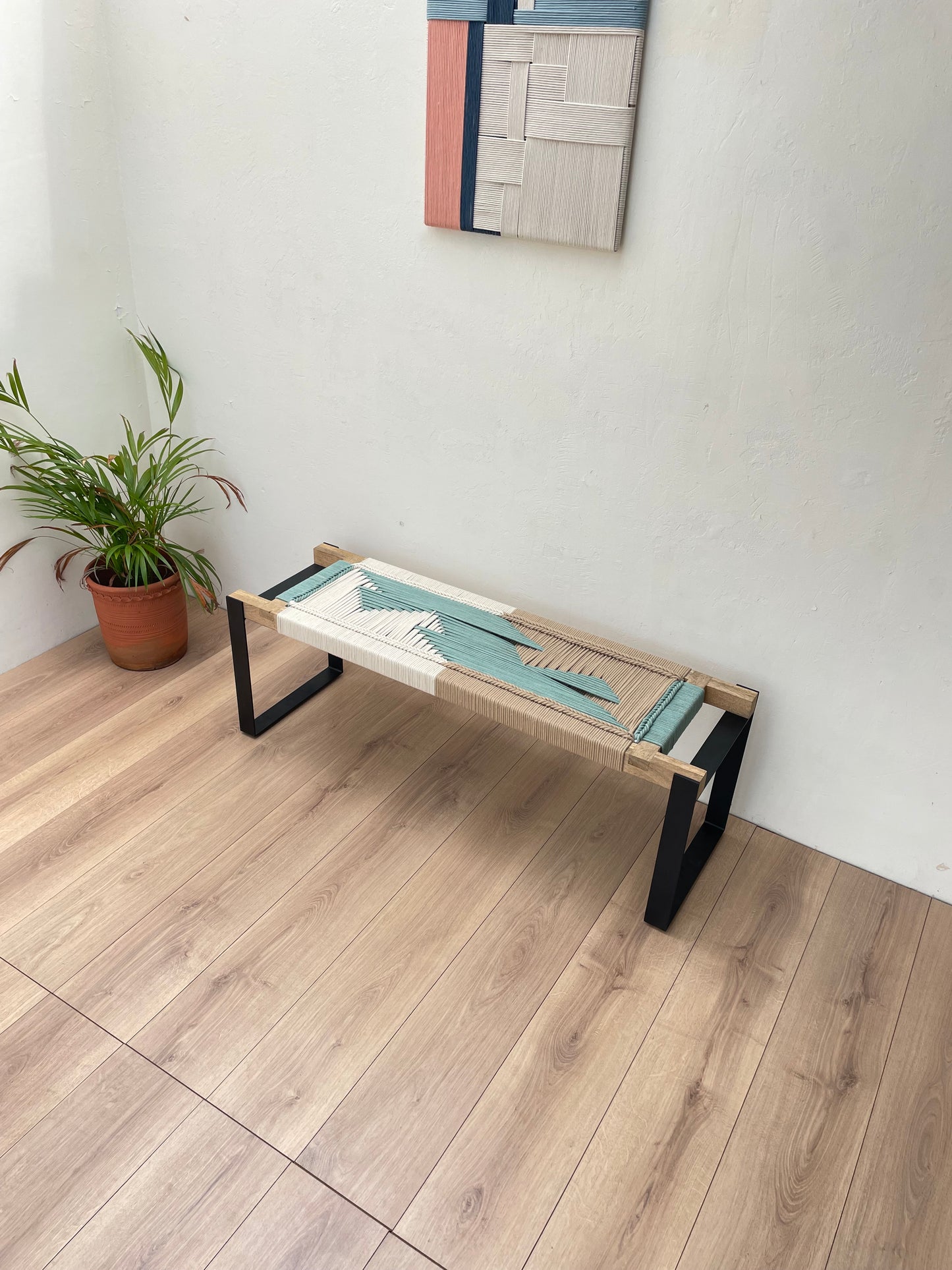 Woven Bench two seater in metal legs - Beige White Green