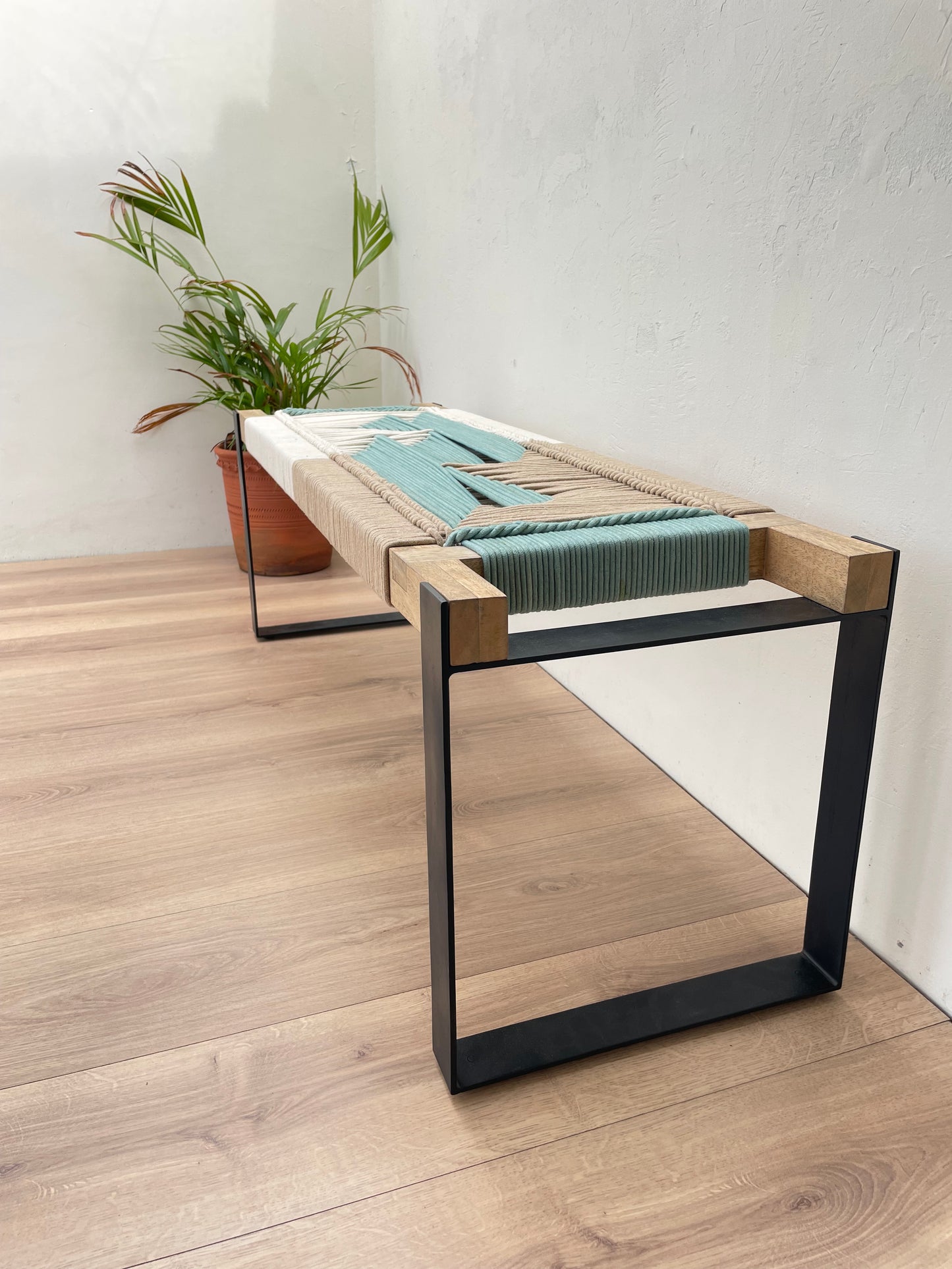 Woven Bench two seater in metal legs - Beige White Green