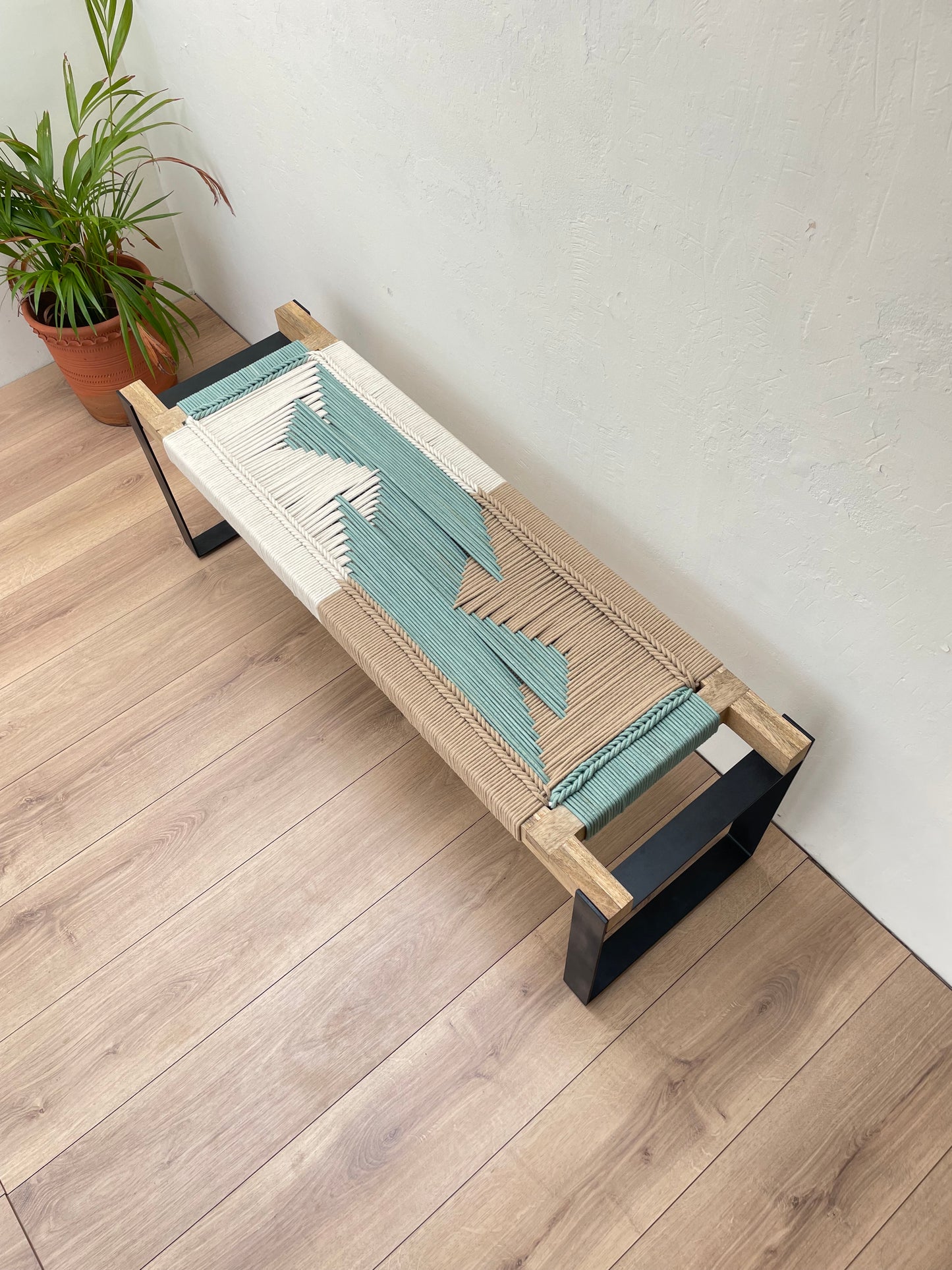 Woven Bench two seater in metal legs - Beige White Green