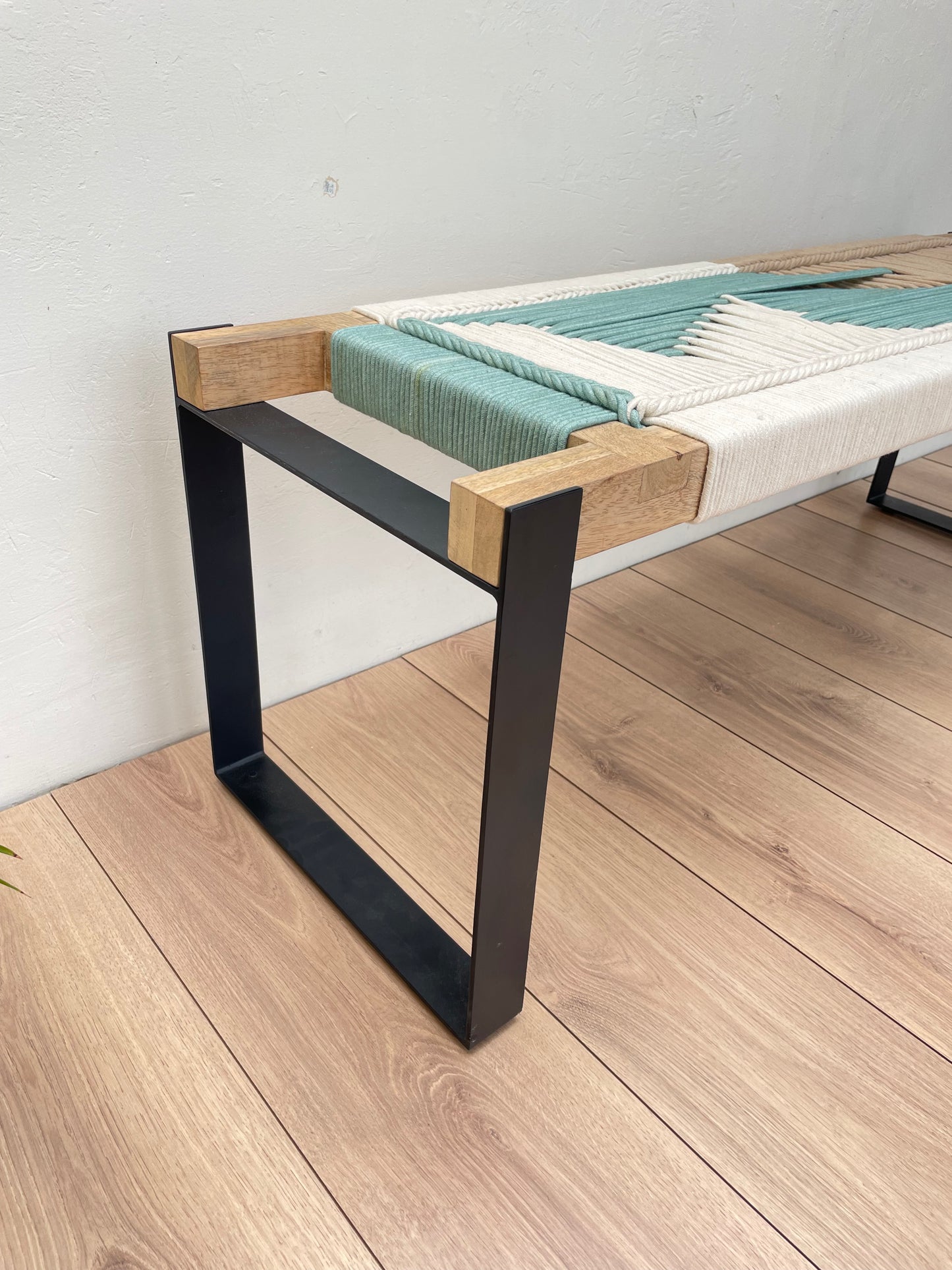 Woven Bench two seater in metal legs - Beige White Green