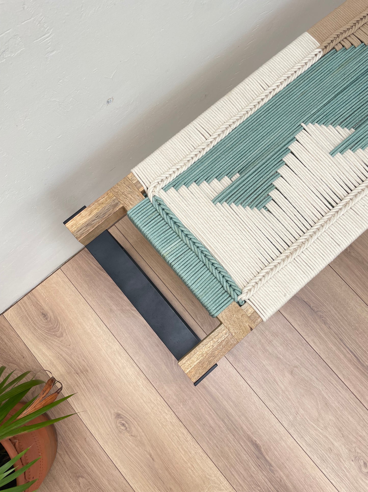 Woven Bench two seater in metal legs - Beige White Green