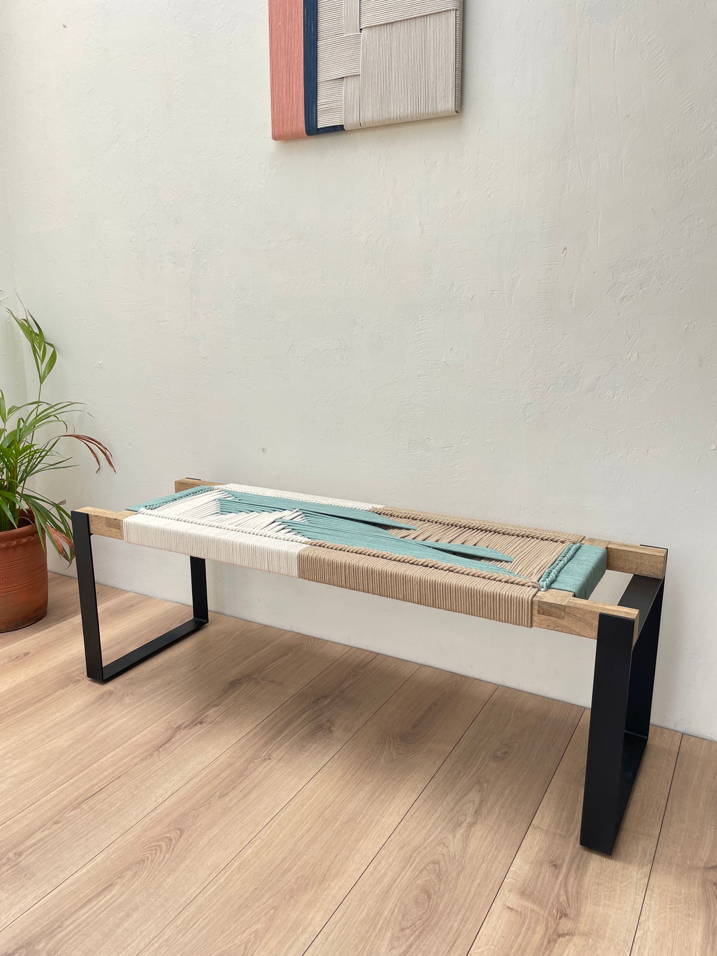 Woven Bench two seater in metal legs - Beige White Green