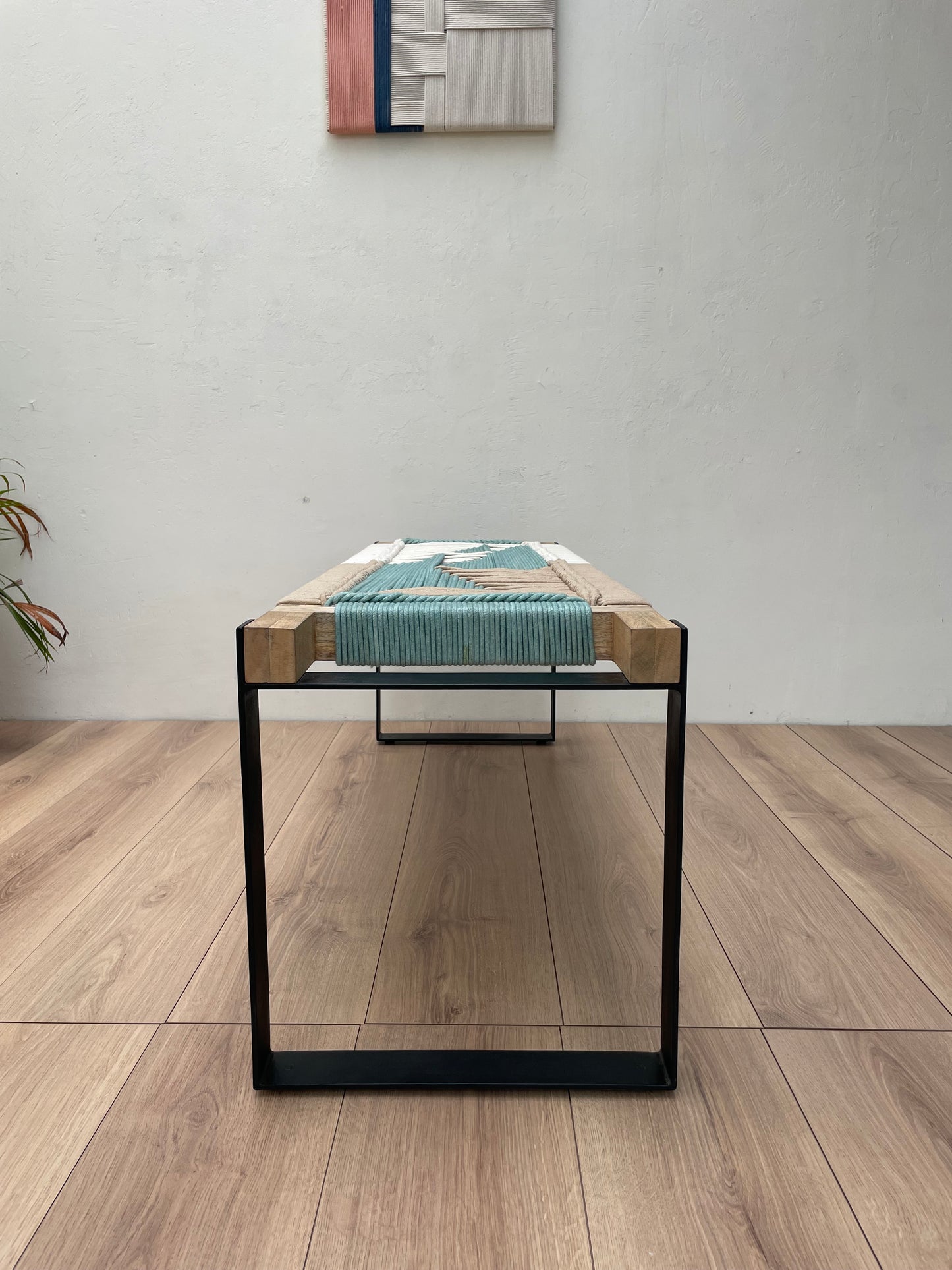 Woven Bench two seater in metal legs - Beige White Green