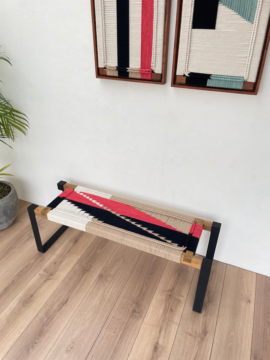Woven Bench two seater in metal legs - Red Black Beige