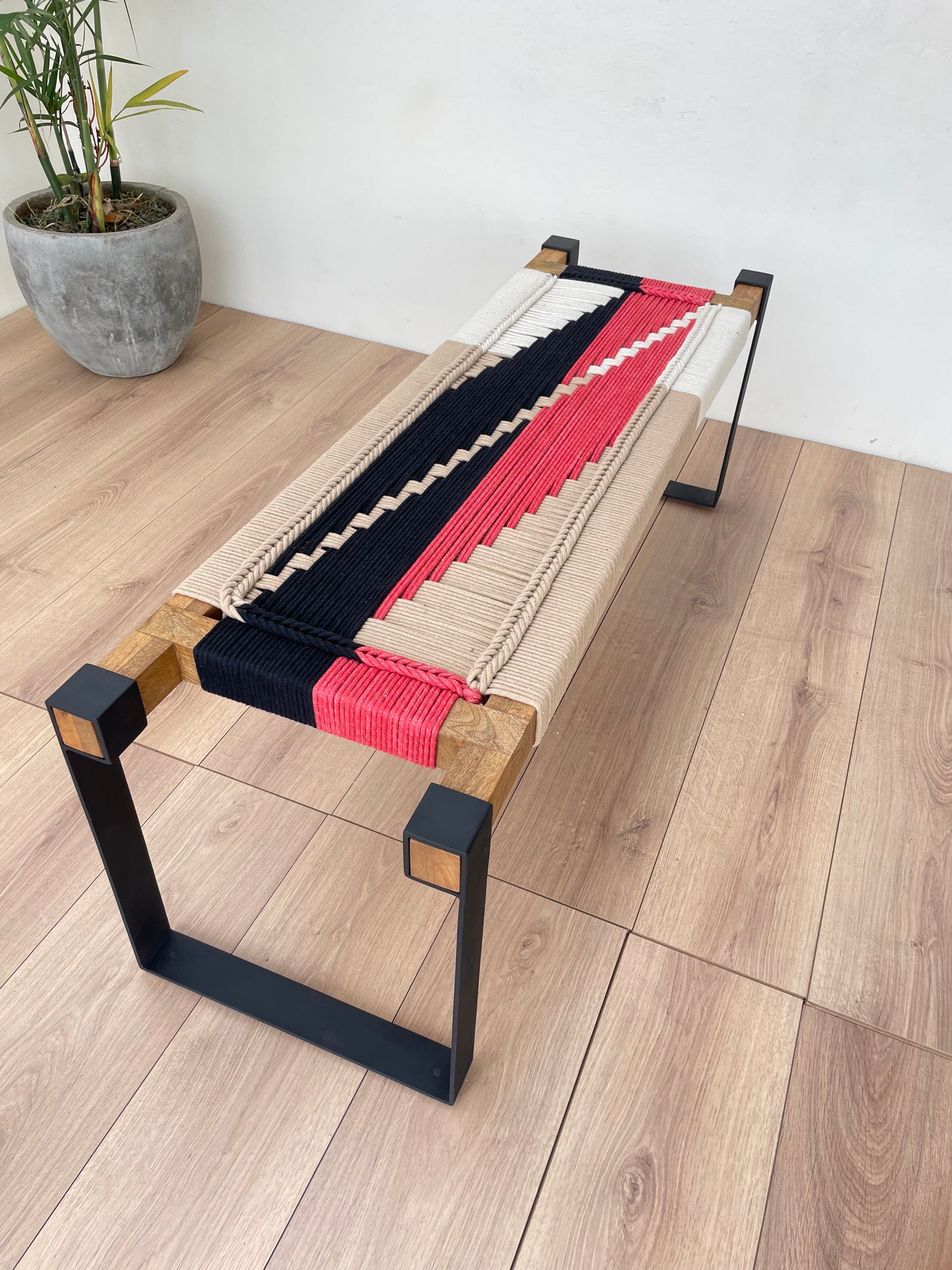 Woven Bench two seater in metal legs - Red Black Beige