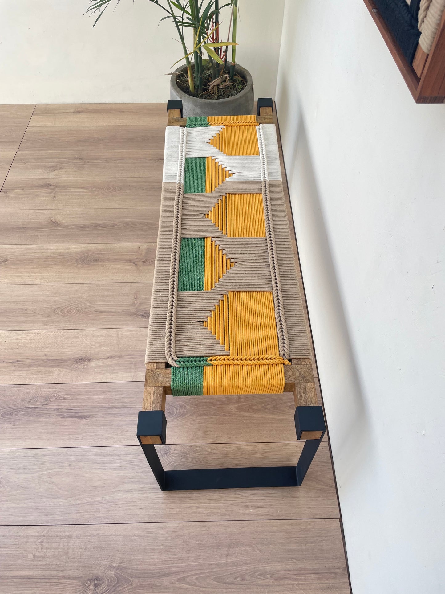 Woven Bench two seater in metal legs - Yellow Green White Beige