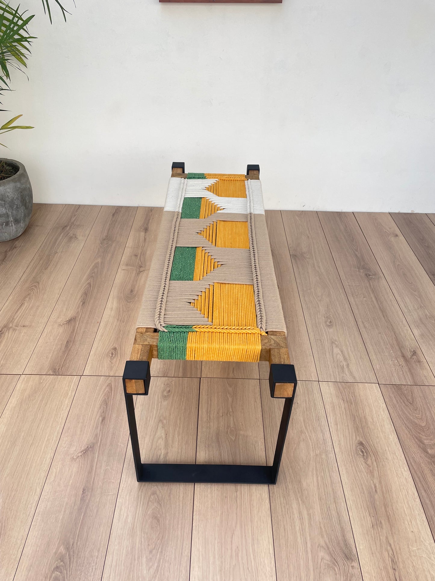 Woven Bench two seater in metal legs - Yellow Green White Beige