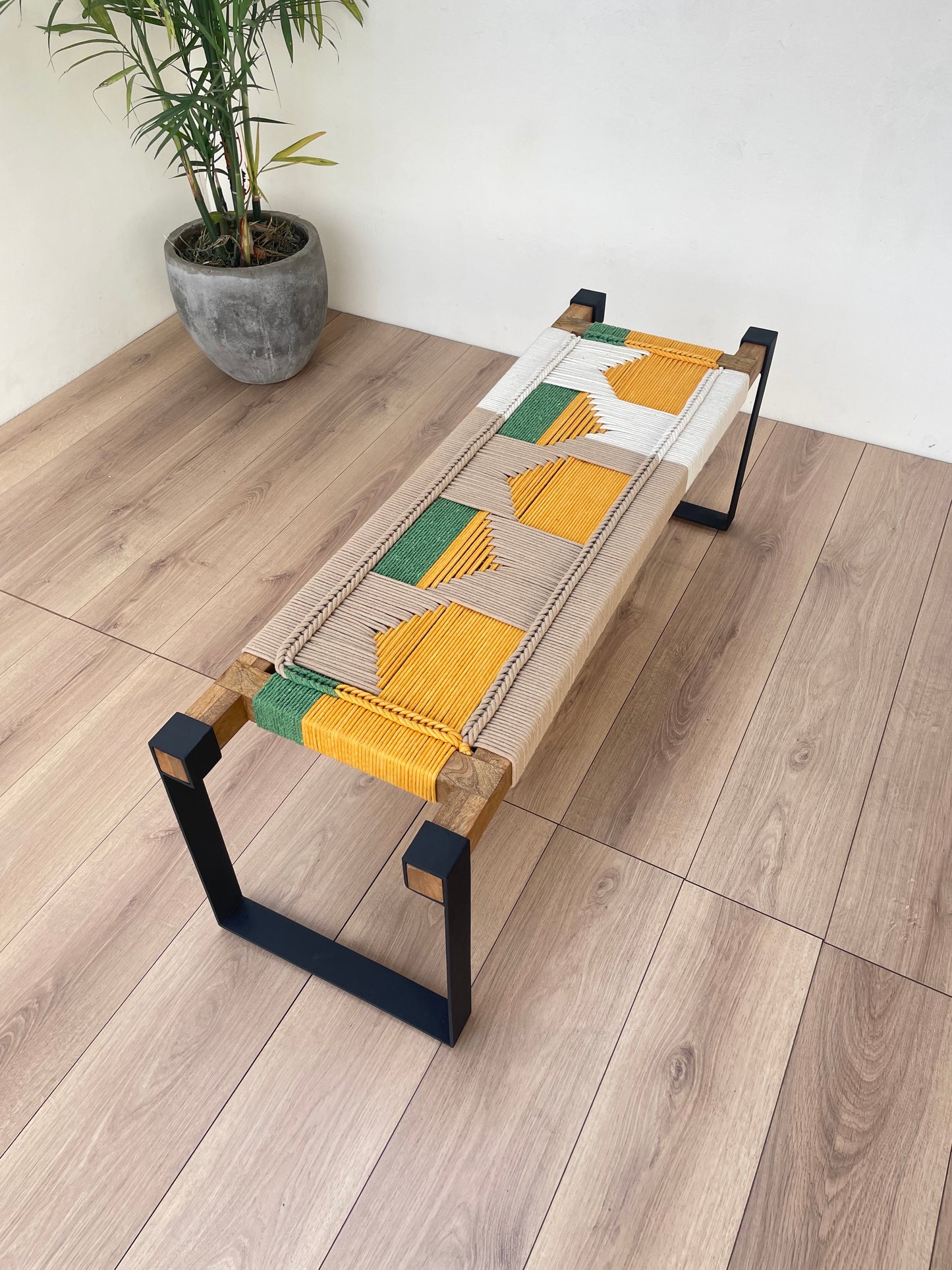 Woven Bench two seater in metal legs - Yellow Green White Beige