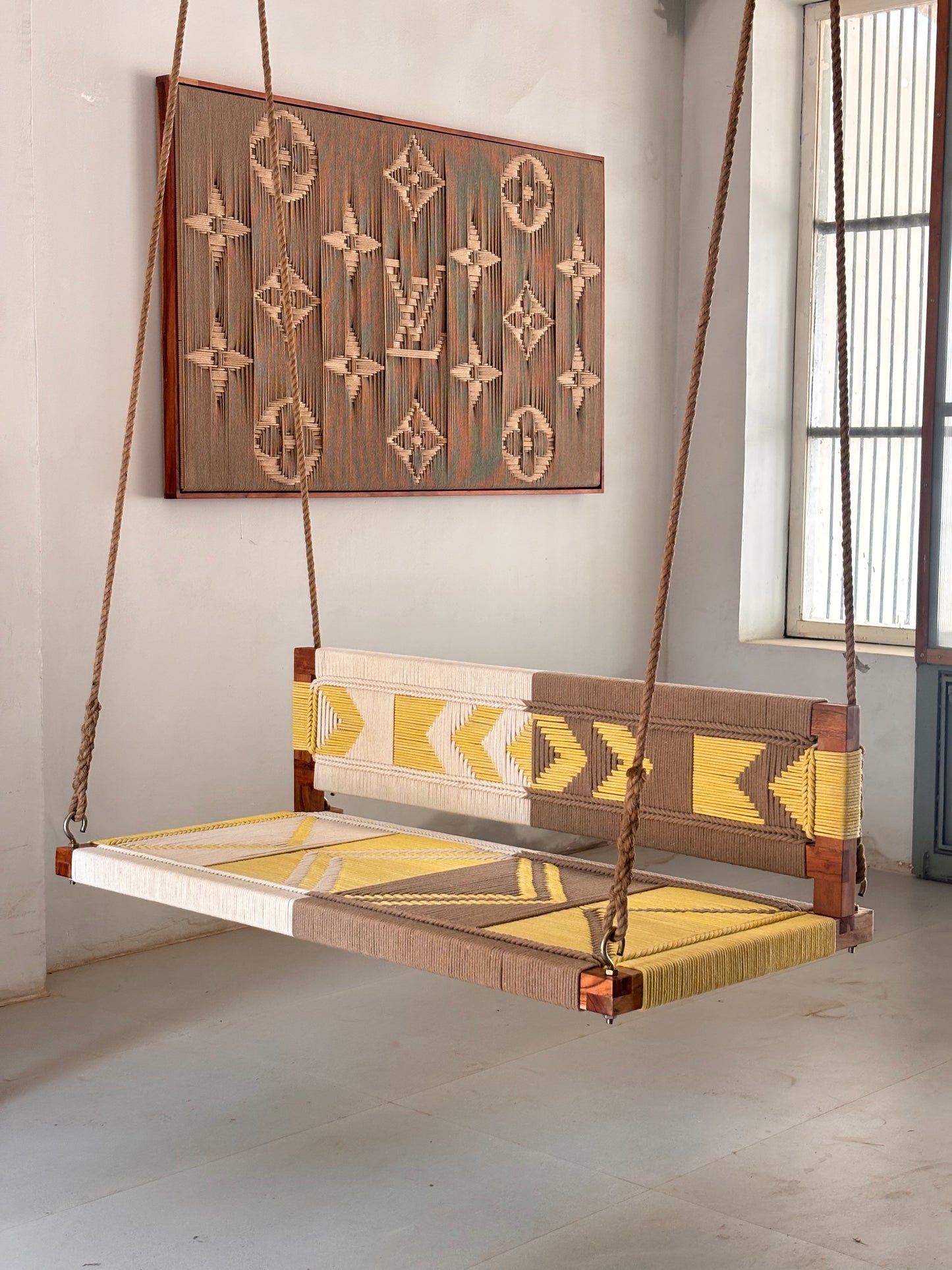 Woven Swing with Backrest - Yellow Beige White