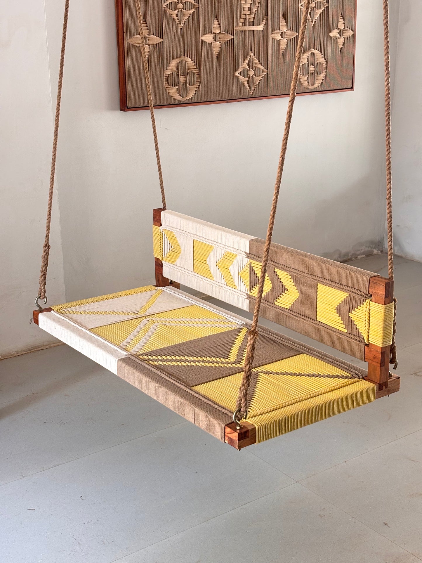 Woven Swing with Backrest - Yellow Beige White