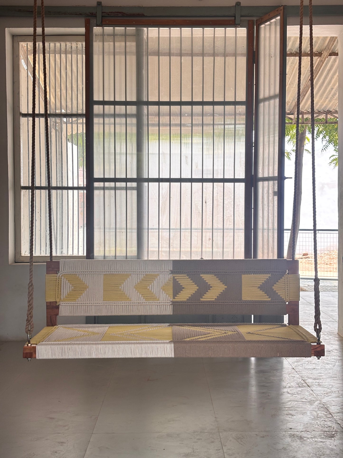 Woven Swing with Backrest - Yellow Beige White