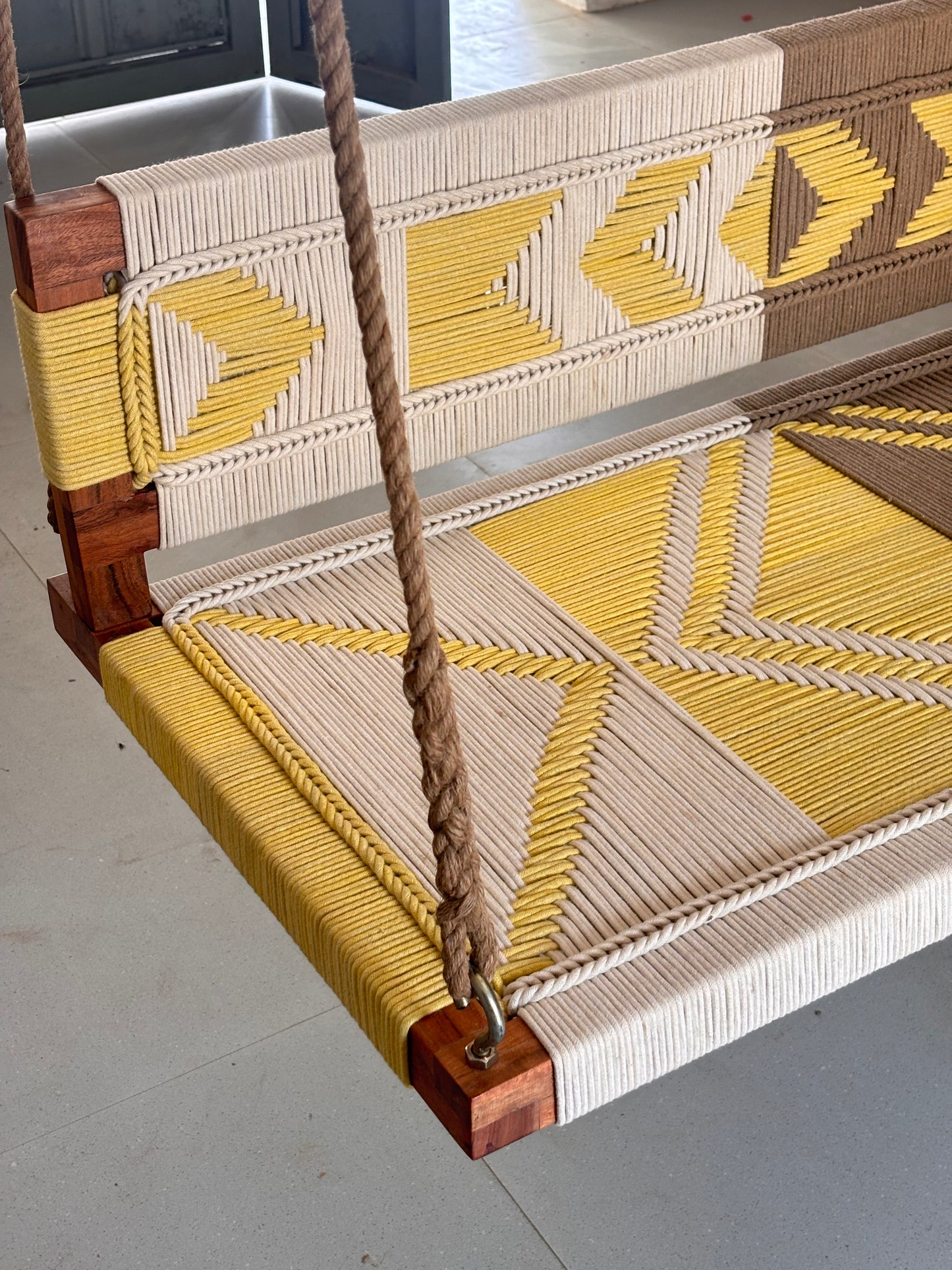 Woven Swing with Backrest - Yellow Beige White