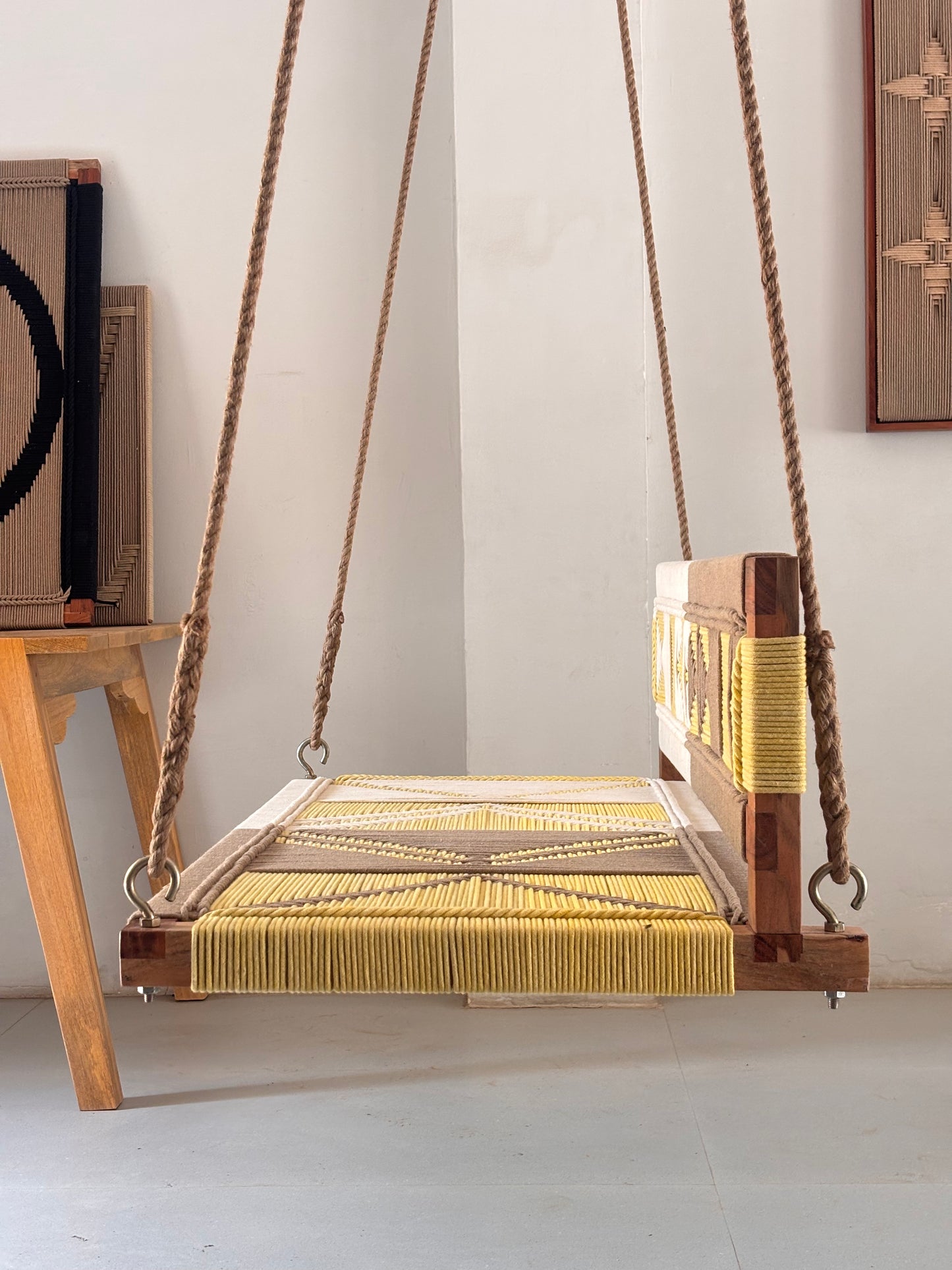 Woven Swing with Backrest - Yellow Beige White