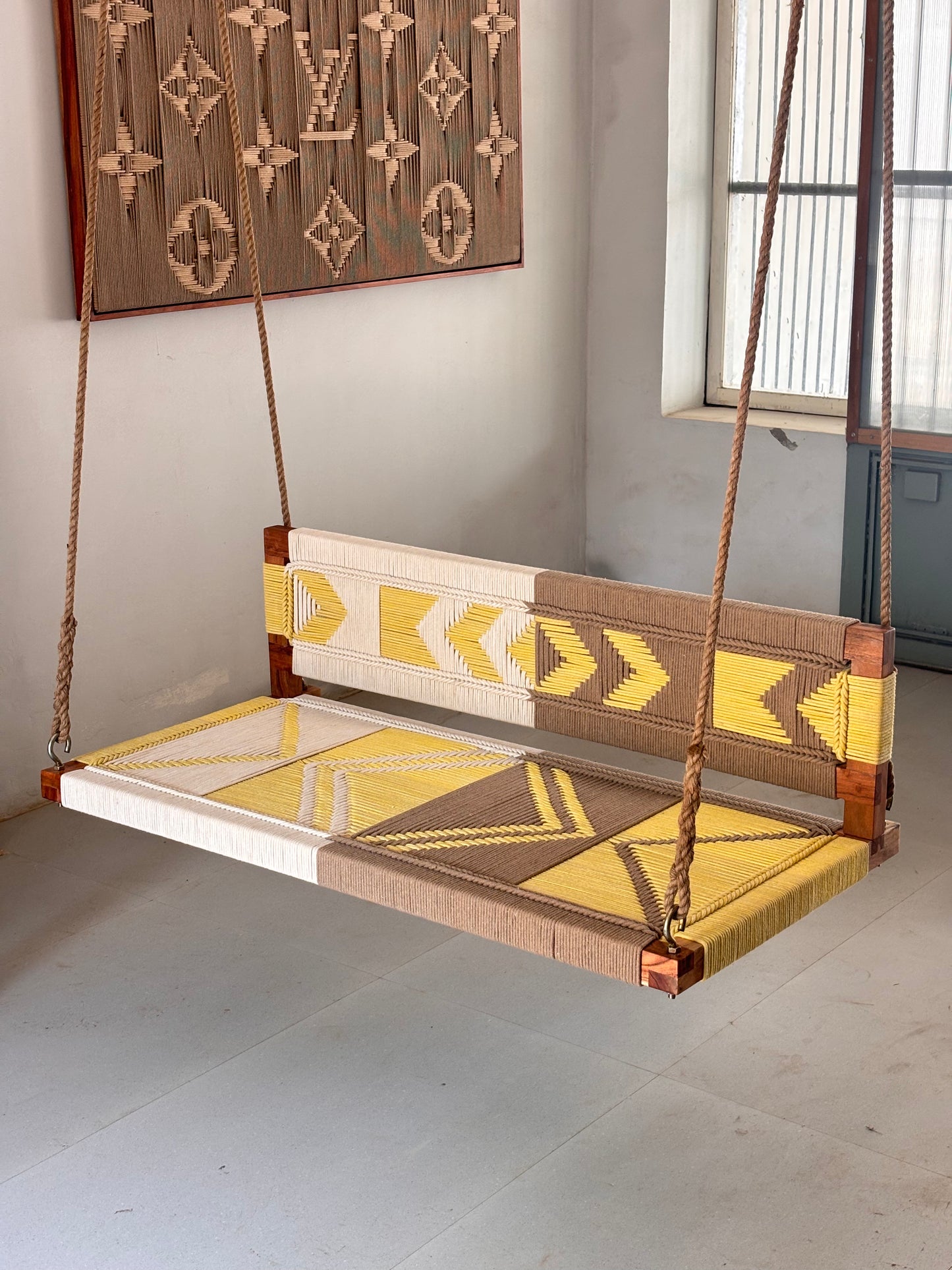 Woven Swing with Backrest - Yellow Beige White