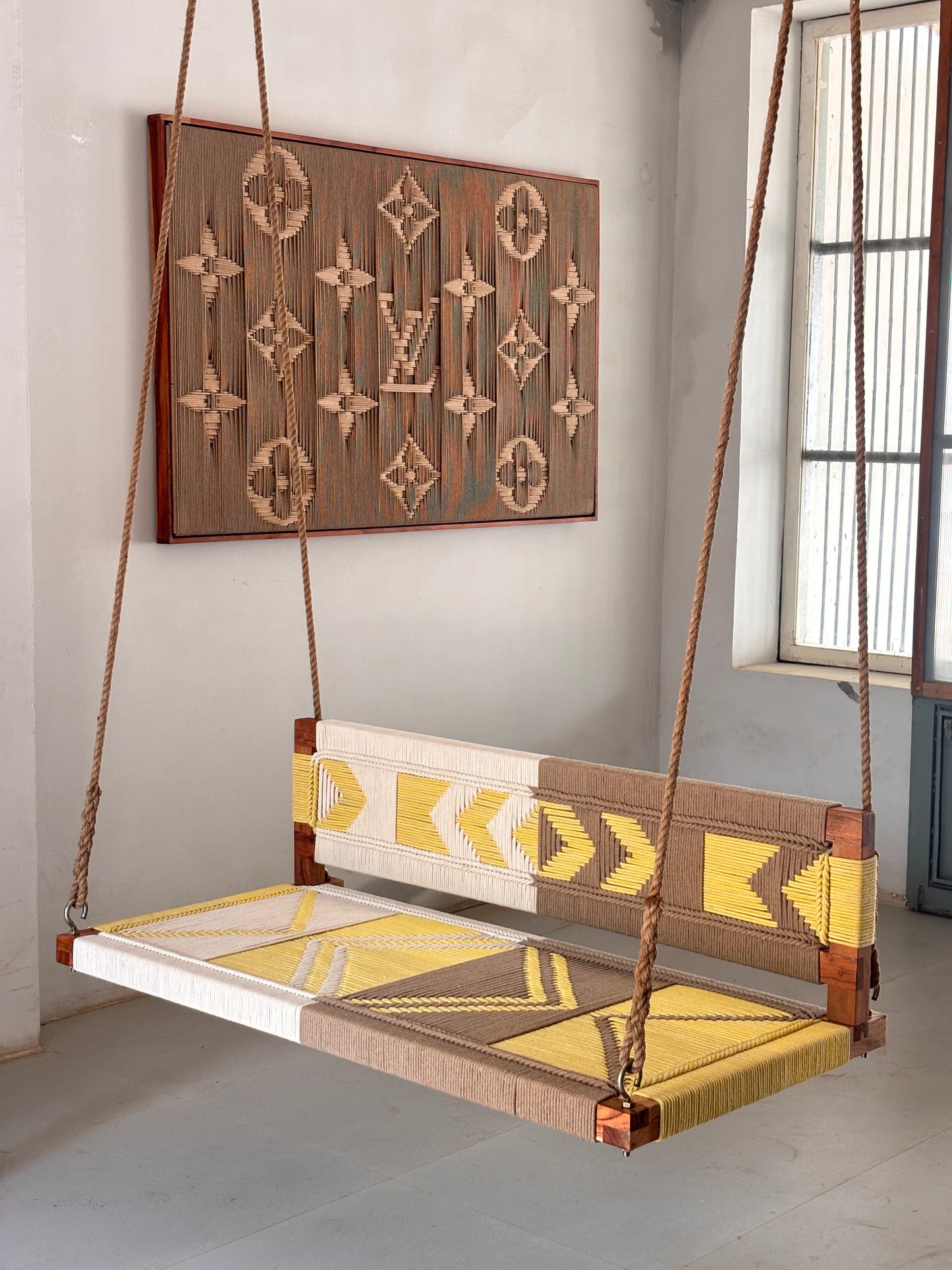 Woven Swing with Backrest - Yellow Beige White