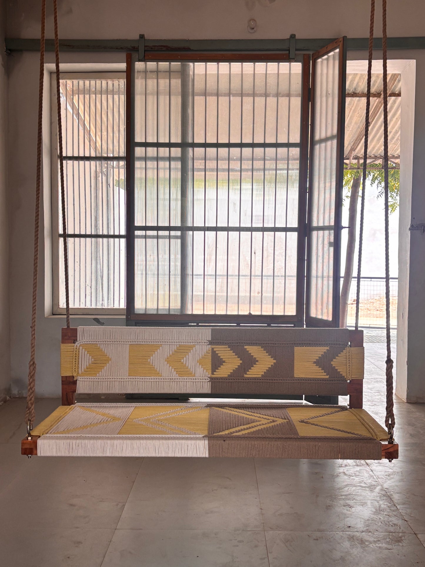 Woven Swing with Backrest - Yellow Beige White