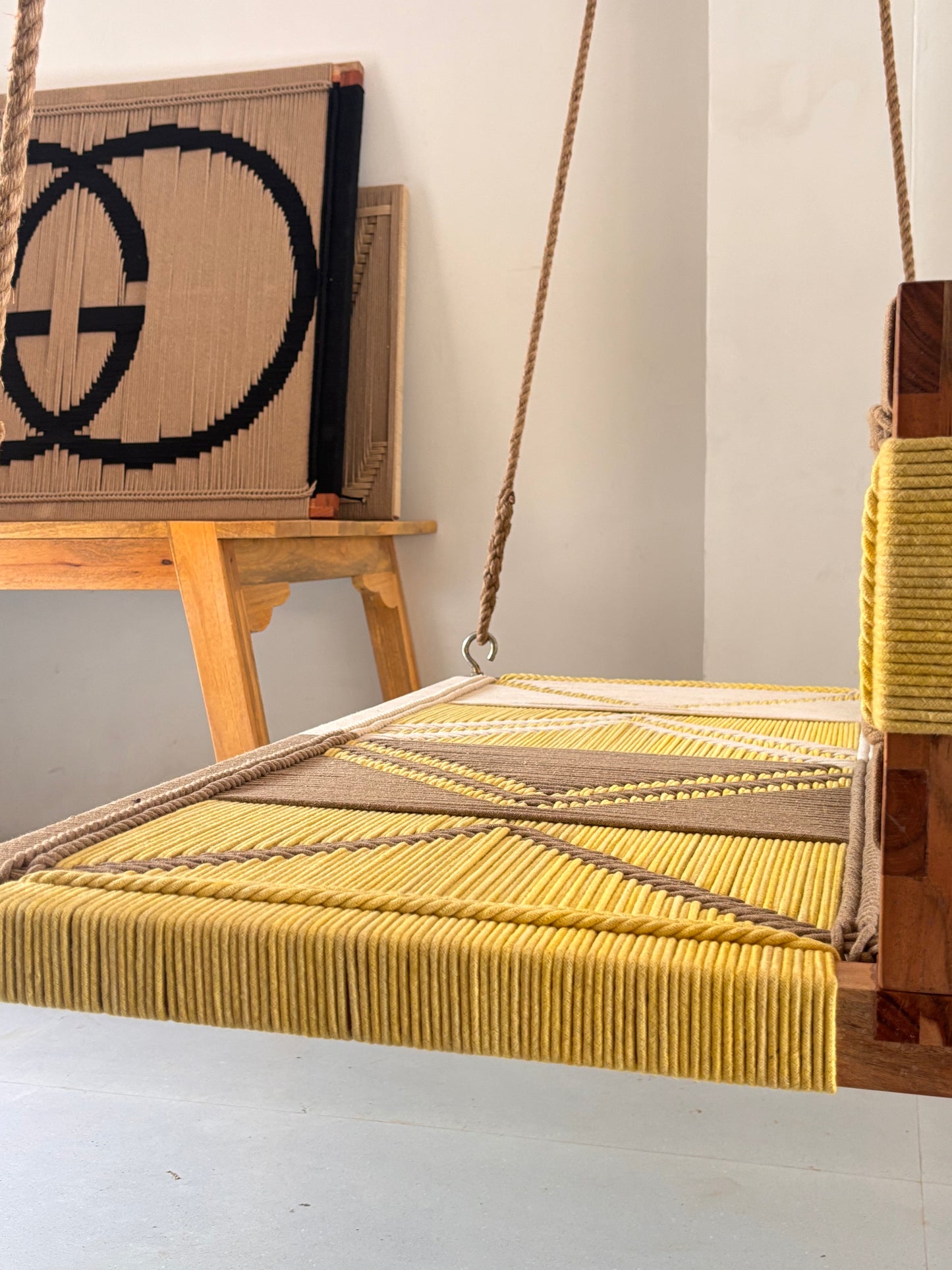 Woven Swing with Backrest - Yellow Beige White