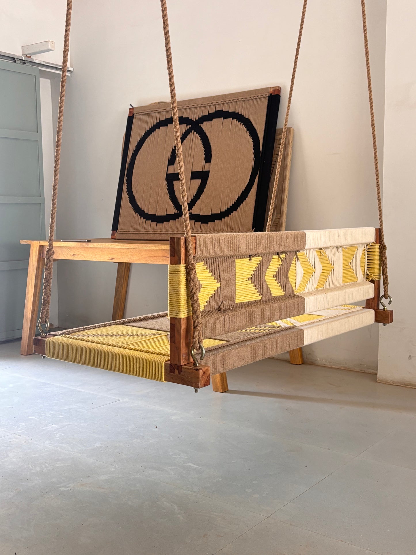 Woven Swing with Backrest - Yellow Beige White