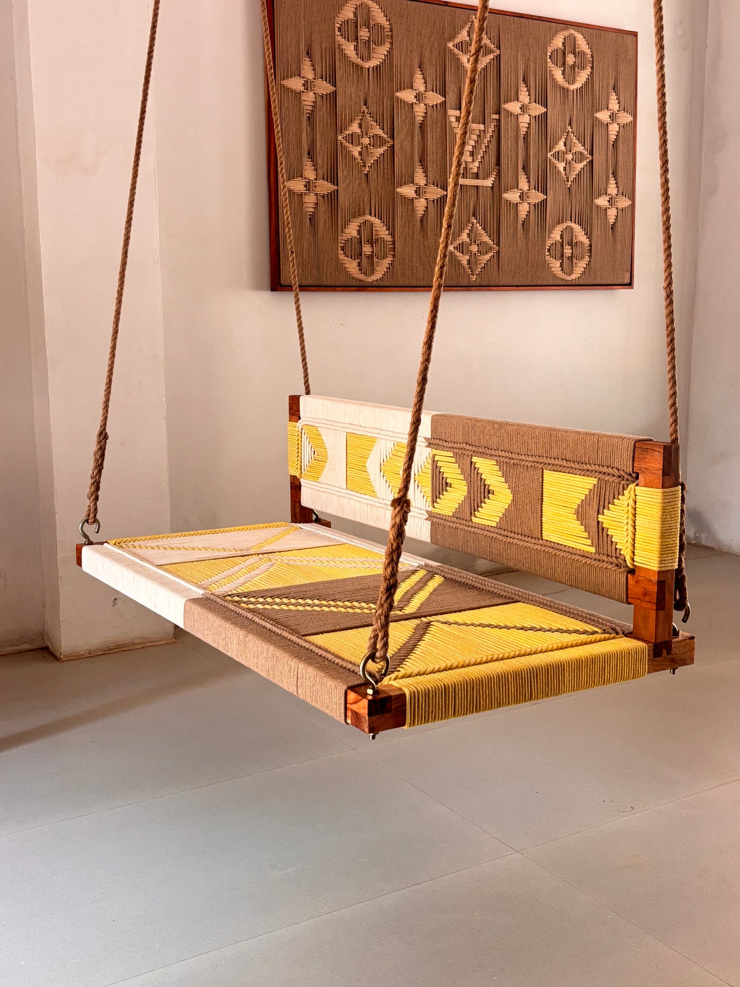 Woven Swing with Backrest - Yellow Beige White