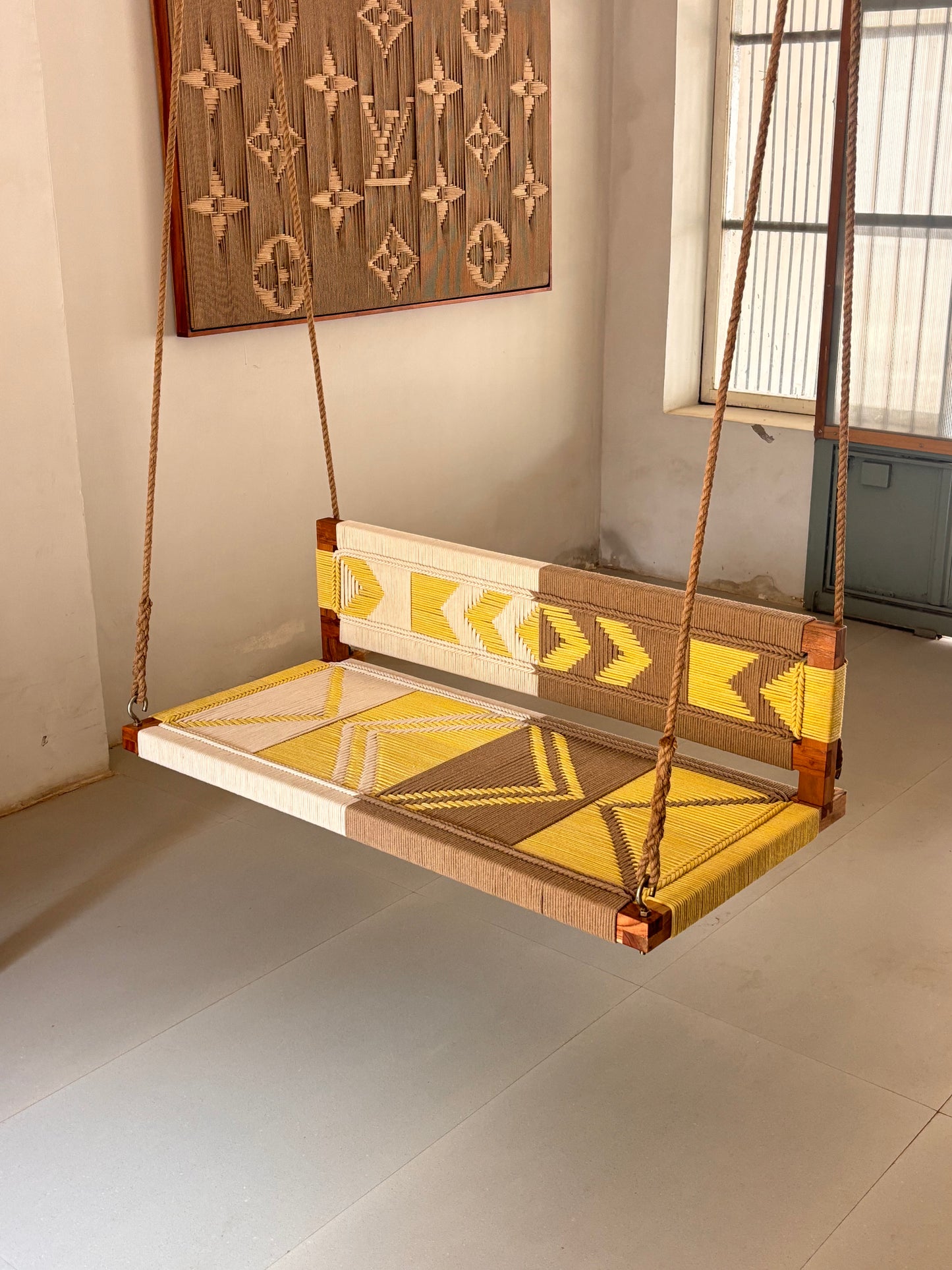 Woven Swing with Backrest - Yellow Beige White