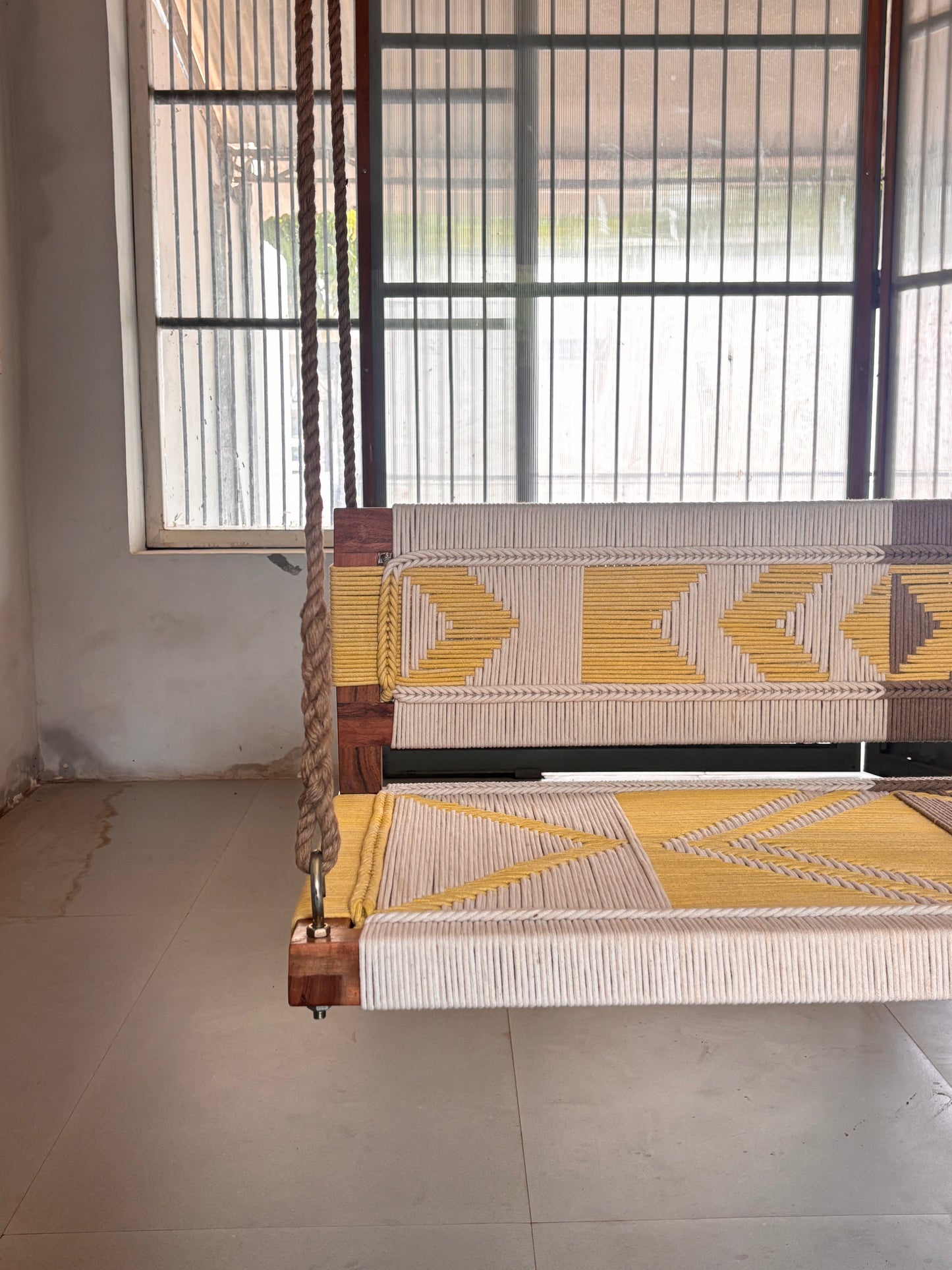 Woven Swing with Backrest - Yellow Beige White