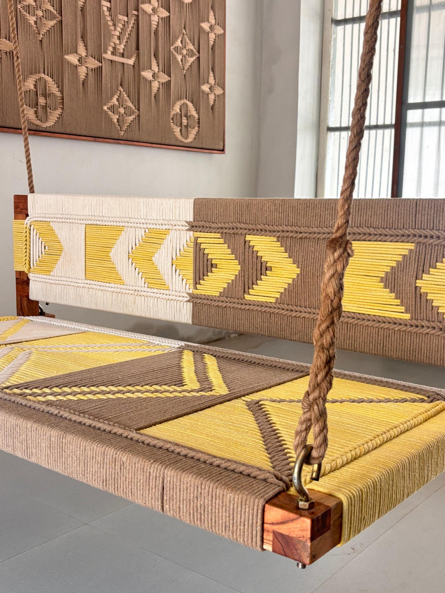 Woven Swing with Backrest - Yellow Beige White