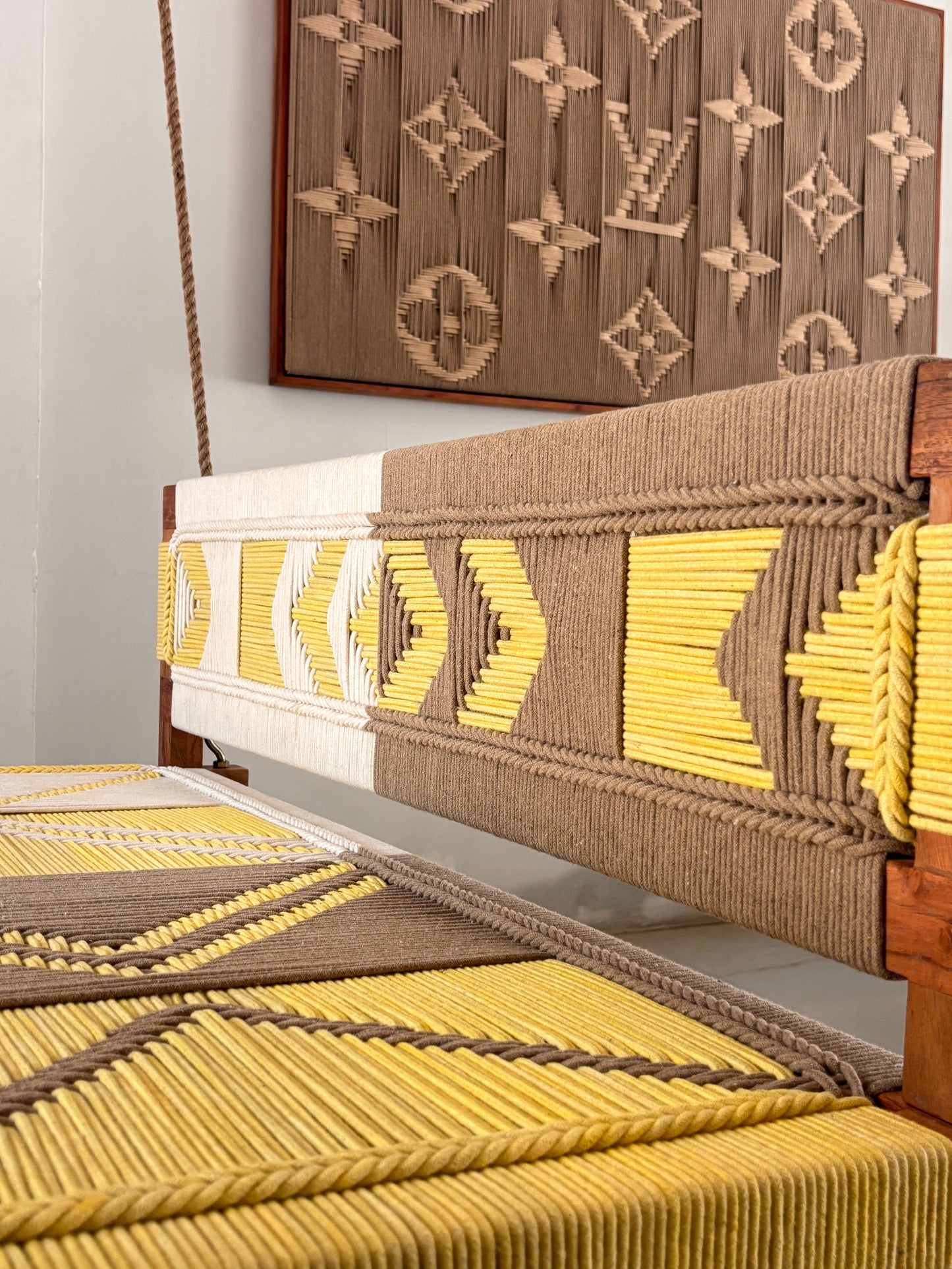 Woven Swing with Backrest - Yellow Beige White