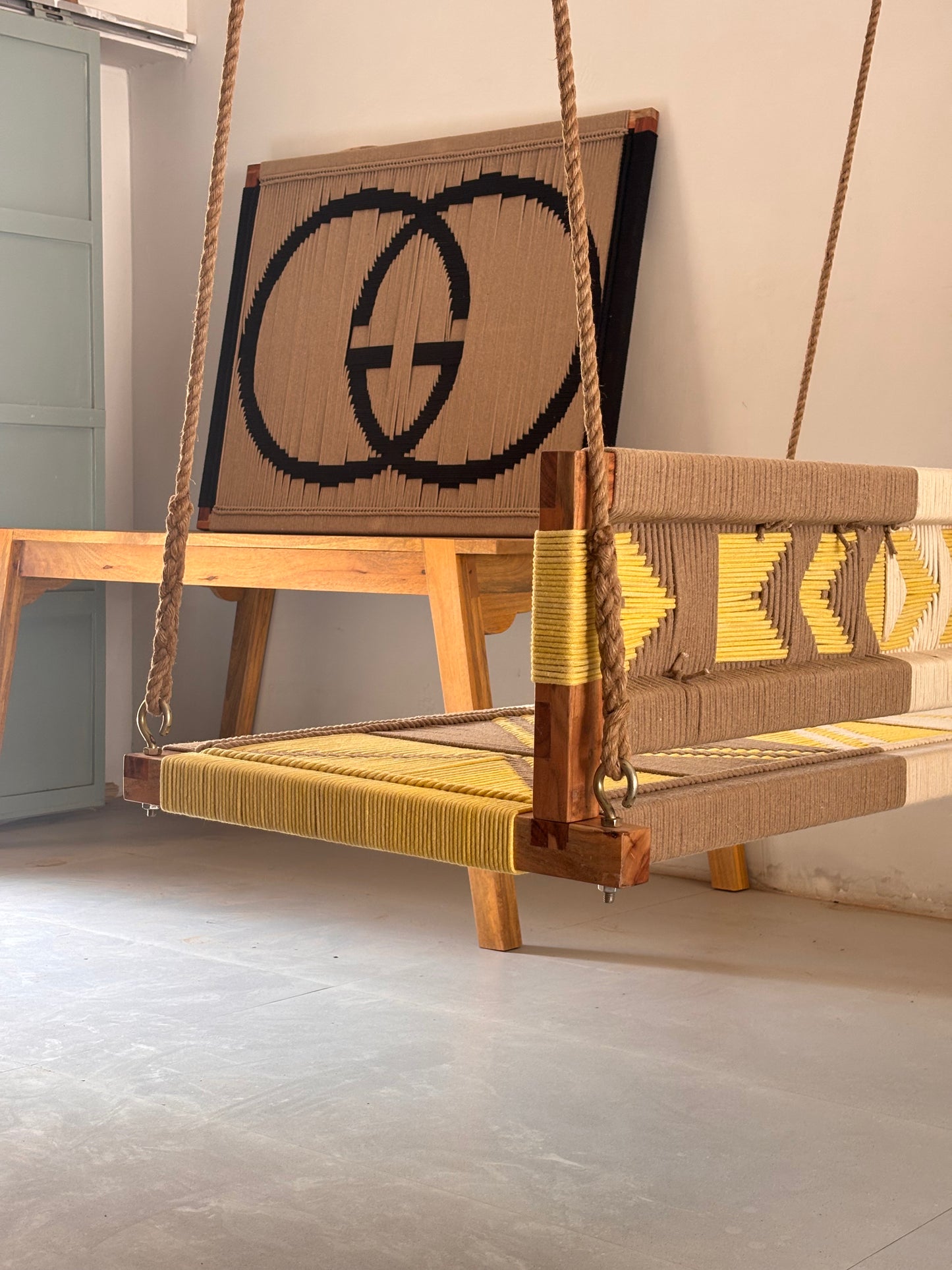 Woven Swing with Backrest - Yellow Beige White