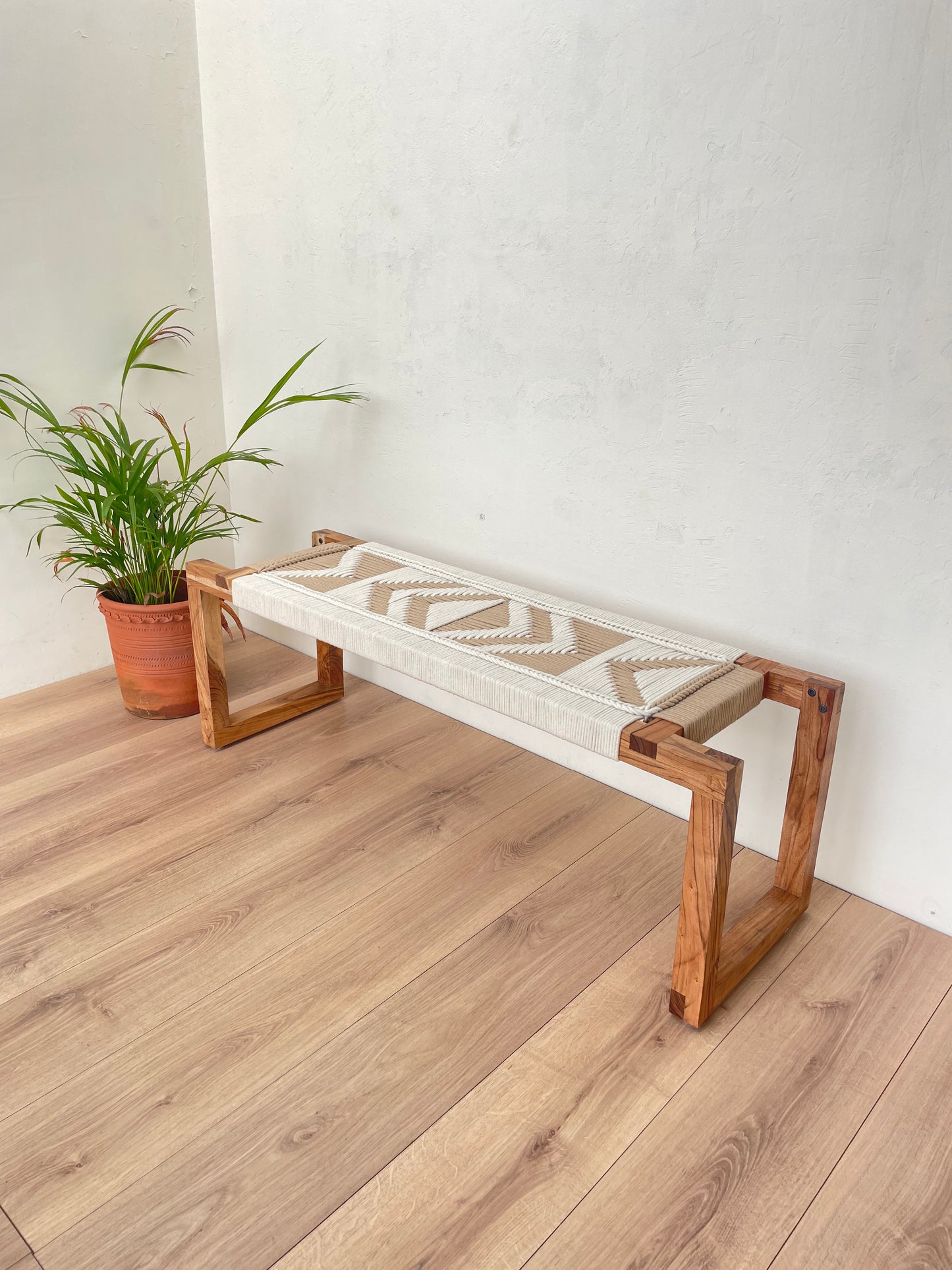 Woven Bench - White & Begie