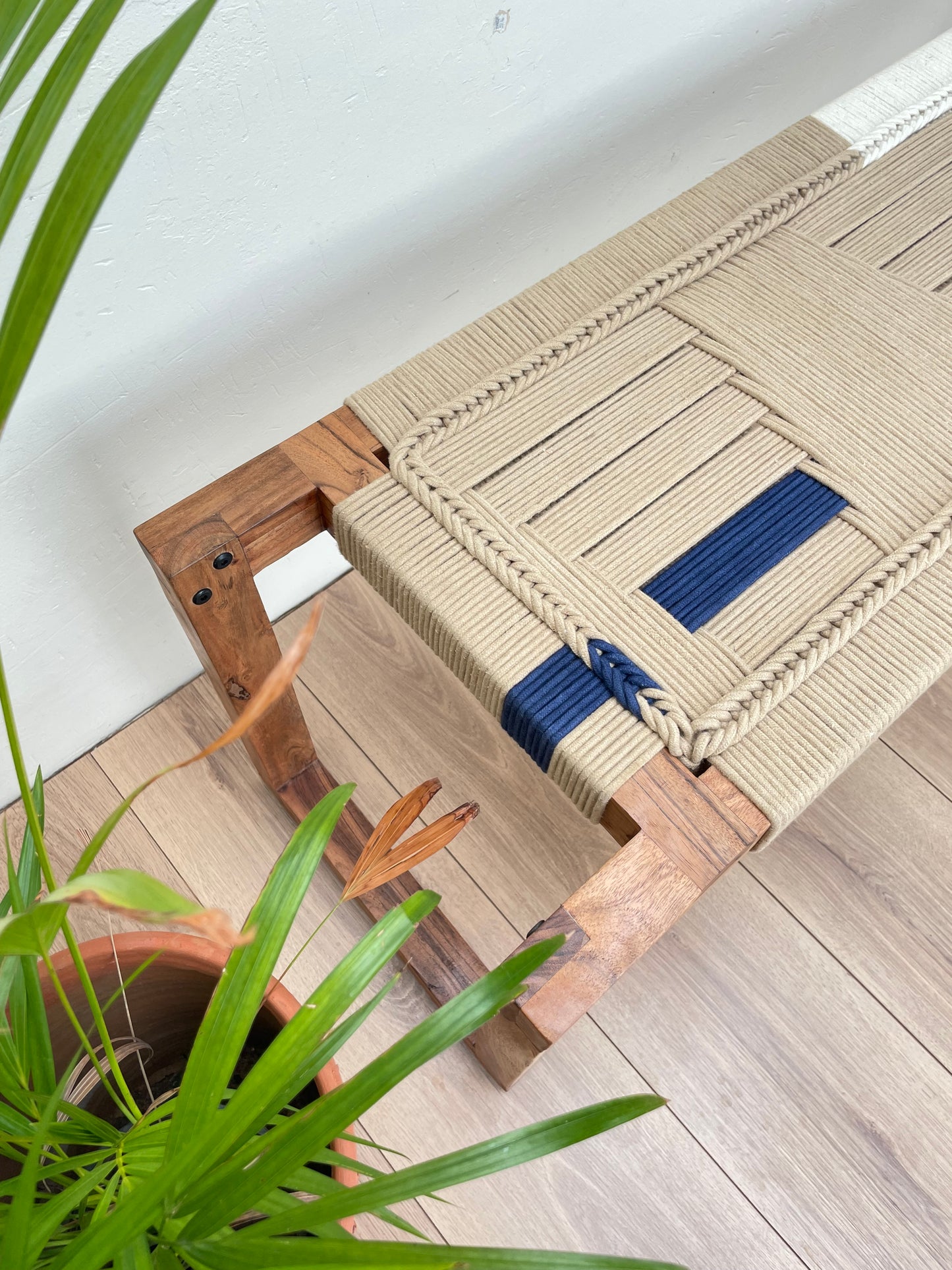 Woven Bench In Beige Blue & White