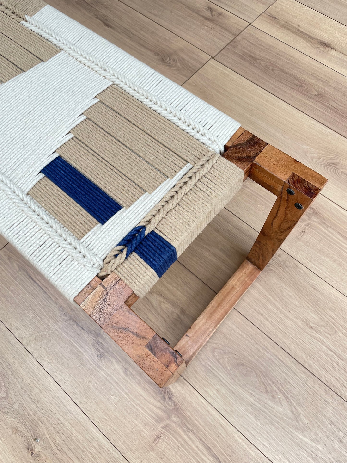 Woven Bench In Beige Blue & White