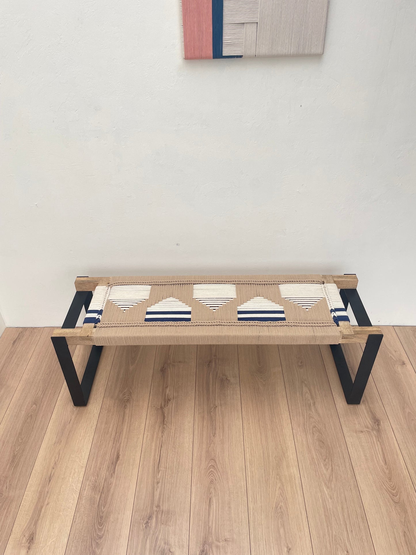 Woven Bench two seater in metal legs - Beige White Blue