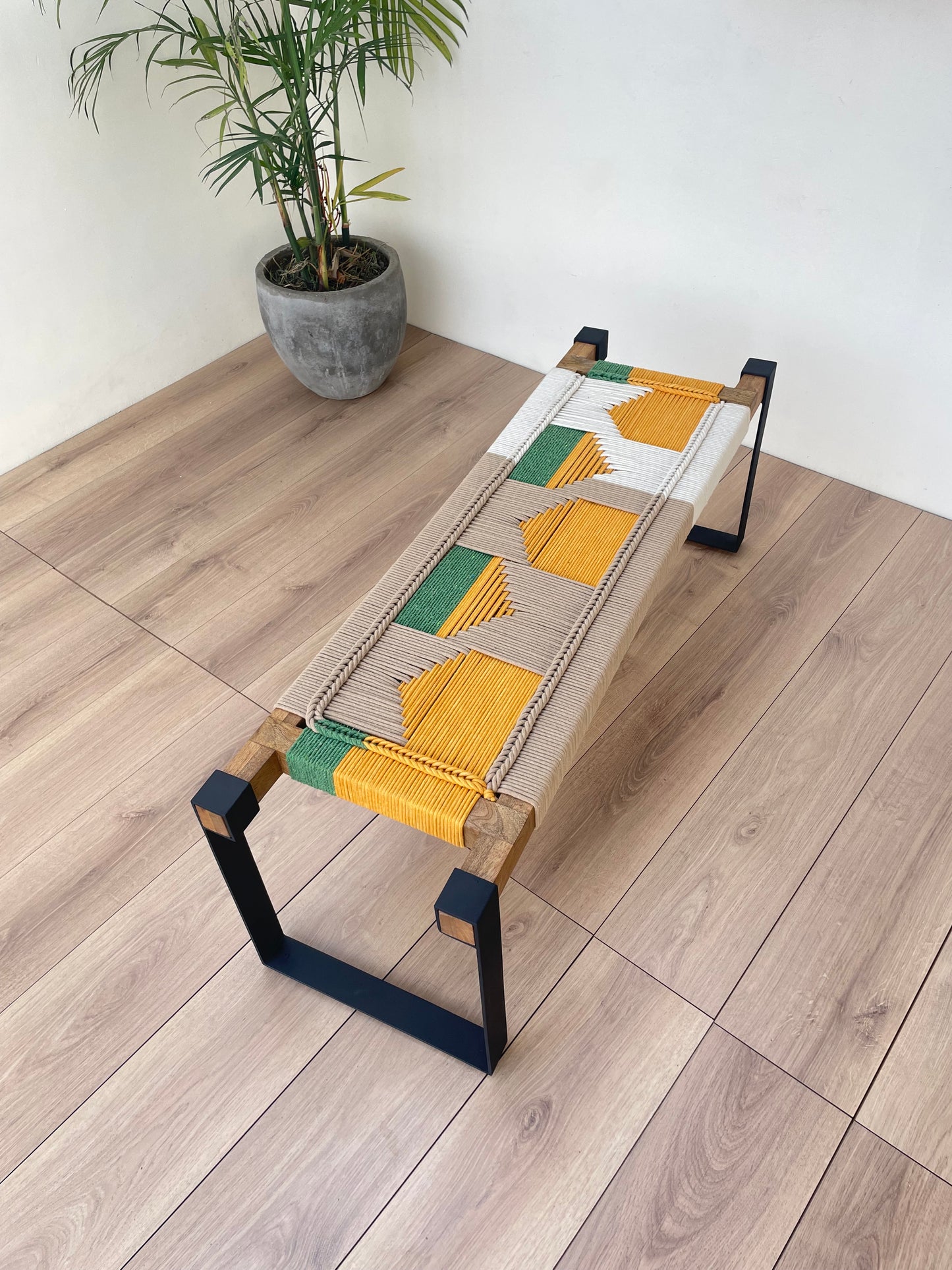 Woven Bench two seater in metal legs - Yellow Green White Beige