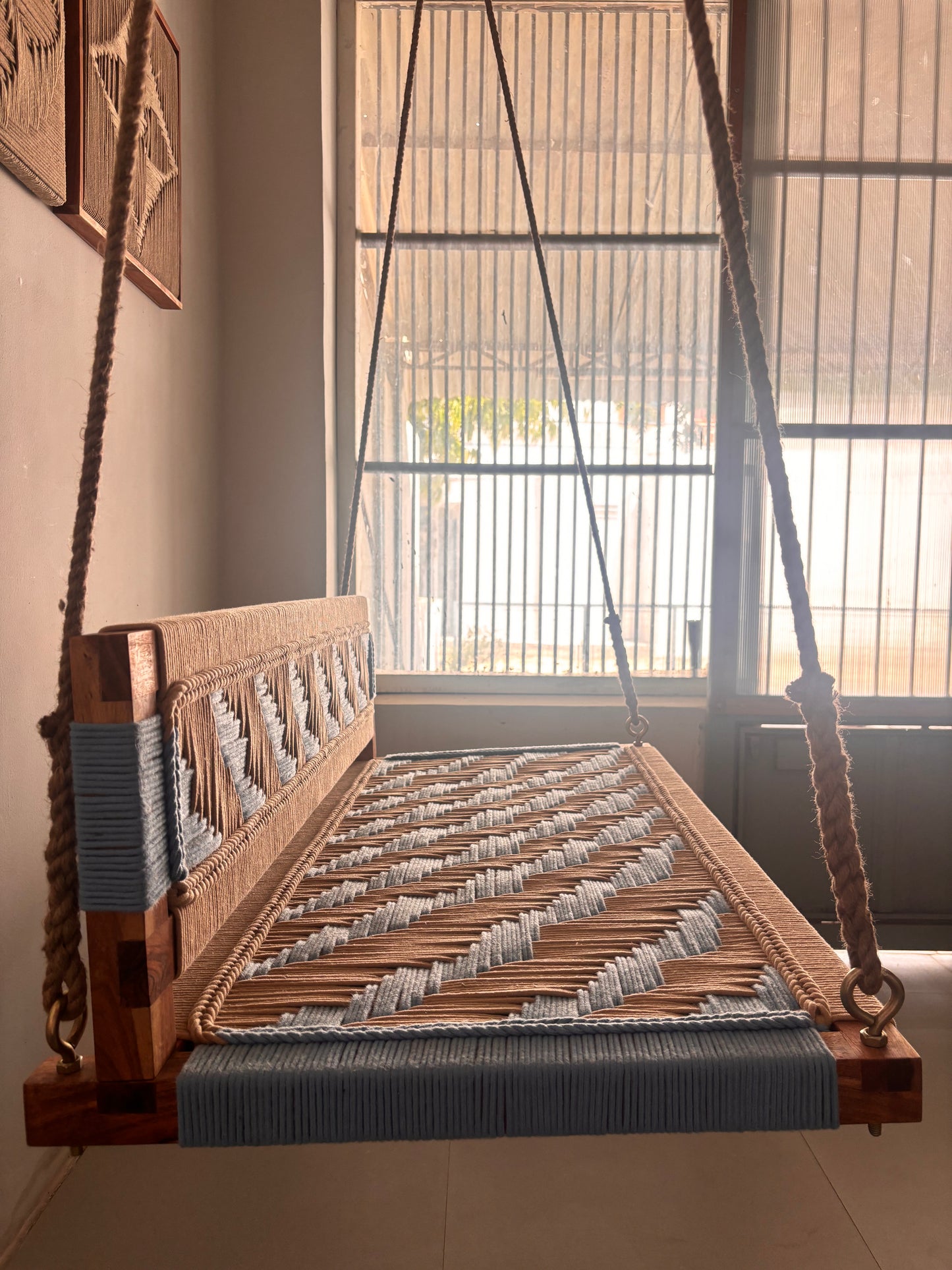 Woven Swing with Backrest - Beige Blue
