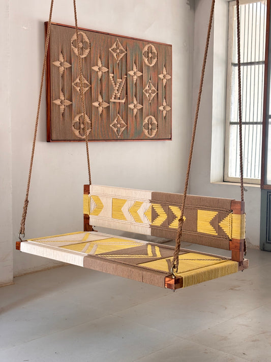 Woven Swing with Backrest - Yellow Beige White