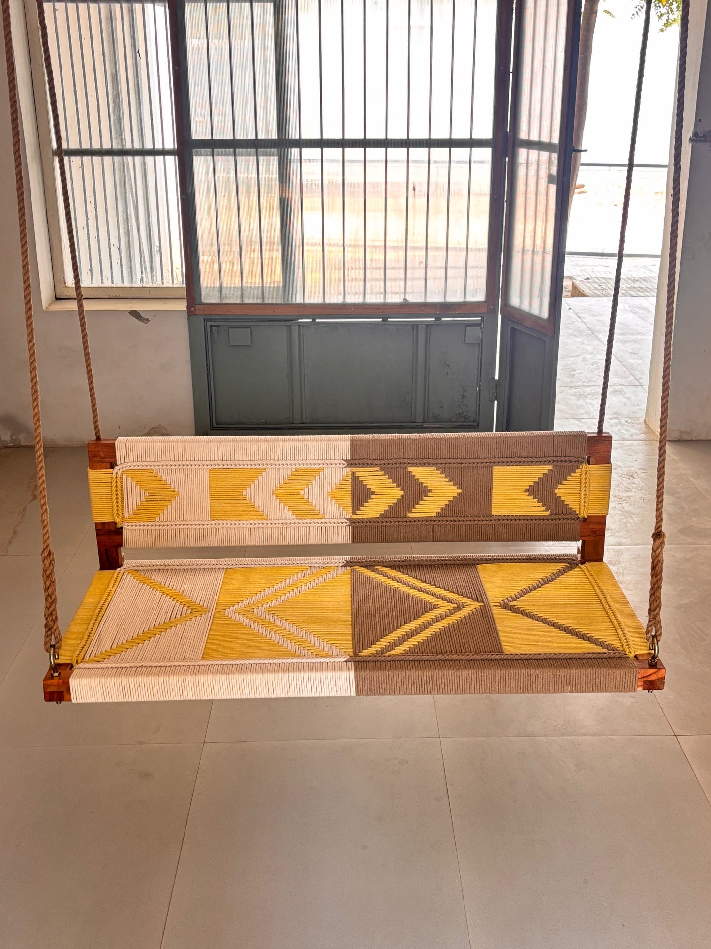 Woven Swing with Backrest - Yellow Beige White